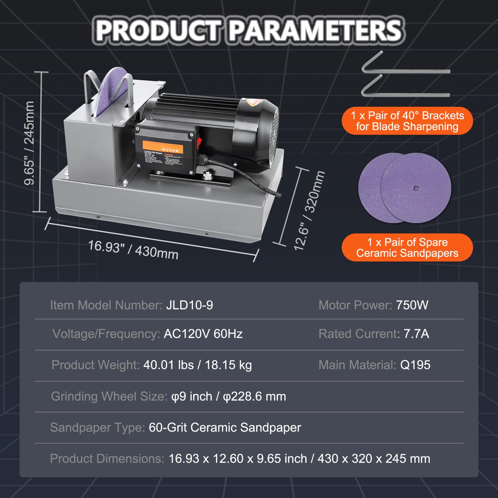 Affilatrice per Lame di Tosaerba, Smerigliatrice da Banco da 2/3 HP, Mola in Ceramica da 7 e 9 Pollici, Staffe Angolari da 30°/40°, per Lame Ad Alto/Basso Sollevamento E Piatte 750W