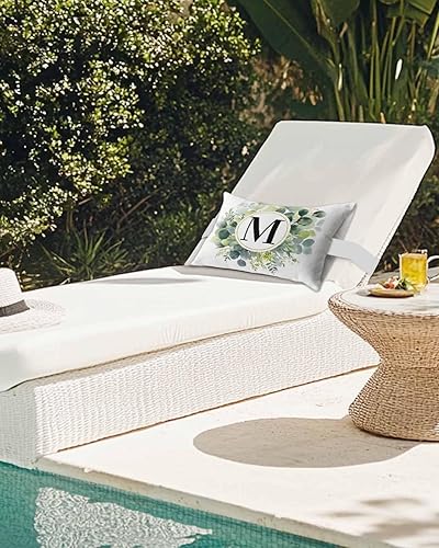Miniatura 7 de Paquete de 2 fundas de almohada lumbares con hojas de eucalipto, monograma de letra M para exteriores, impermeables, para exteriores, fundas