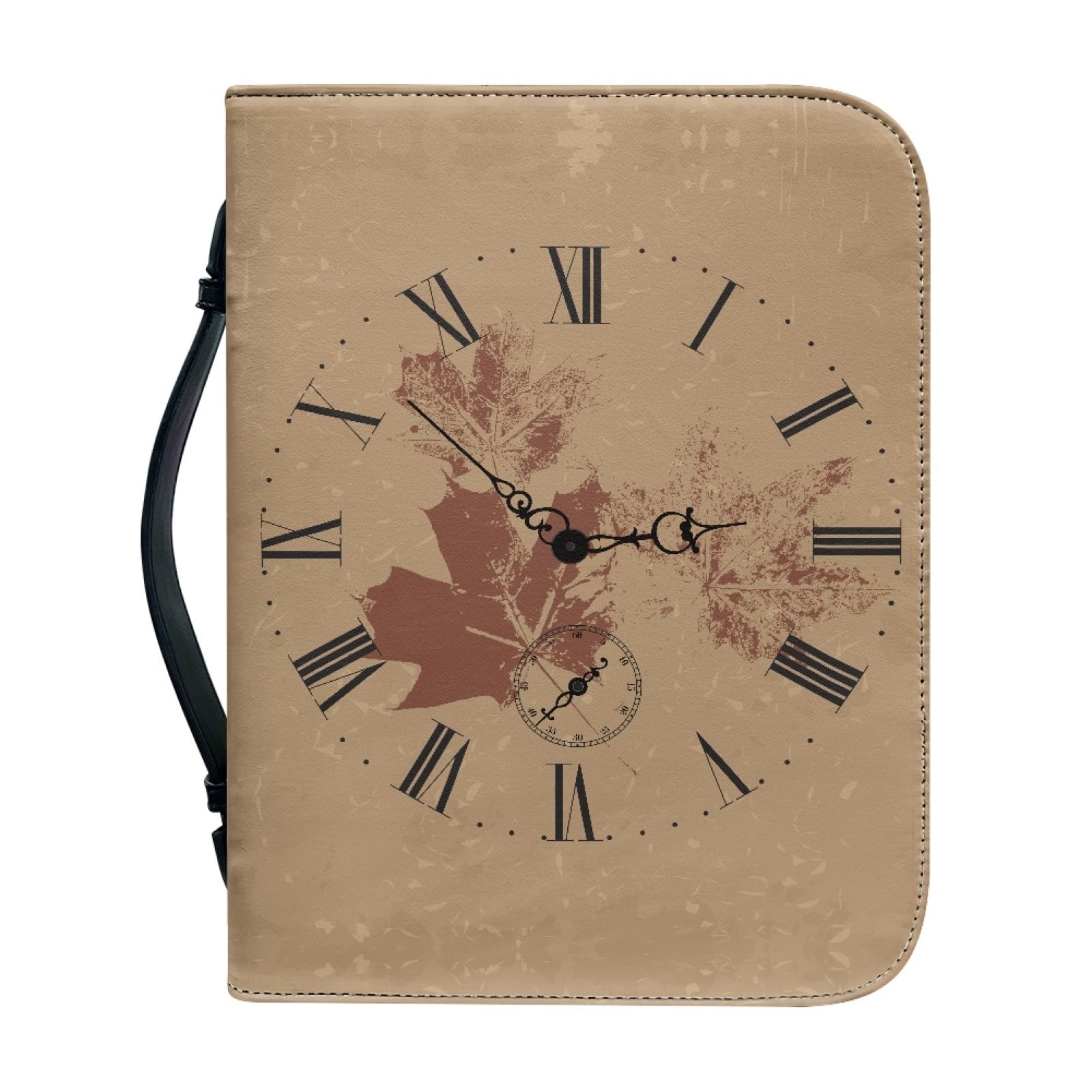 Kuiaobaty Vintage Clock Face Print Bible Case Faux Leather Book Cover, Light Brown Portable Church Book Cover with Handle for Men,Women — image 1