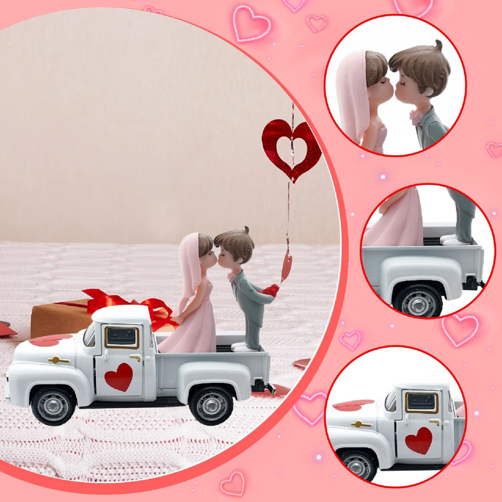 Fancyes Valentines Day Truck Decor,Mini Doll Ornament with Openable Doors Home Gift Couple Figurine Pickup Model for Engagement Shelf, Style B