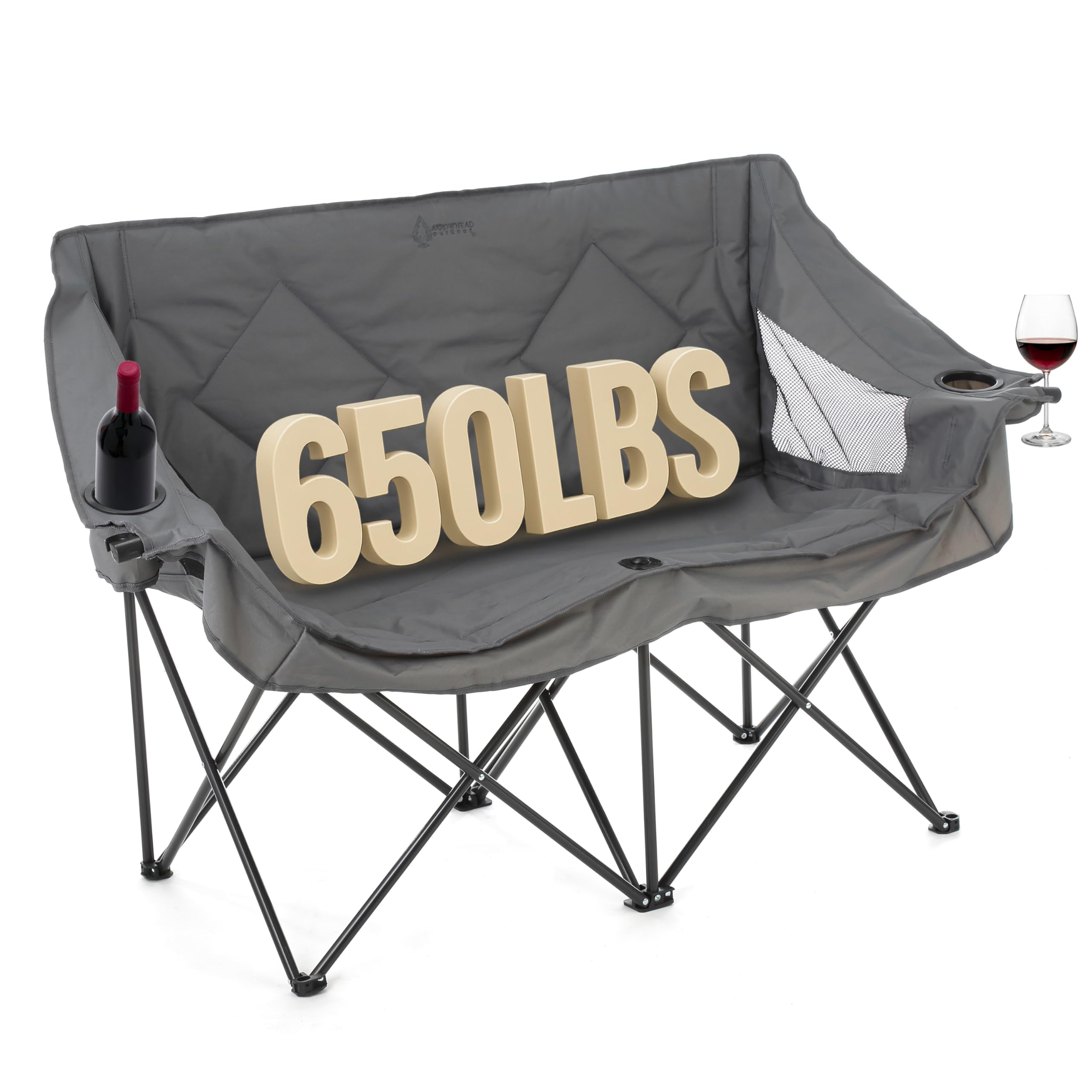 ARROWHEAD OUTDOOR Portable Folding Double Duo Camping Chair Loveseat w/ 2 Cup & Wine Glass Holder, Carrying Bag, Supports up to 500lbs