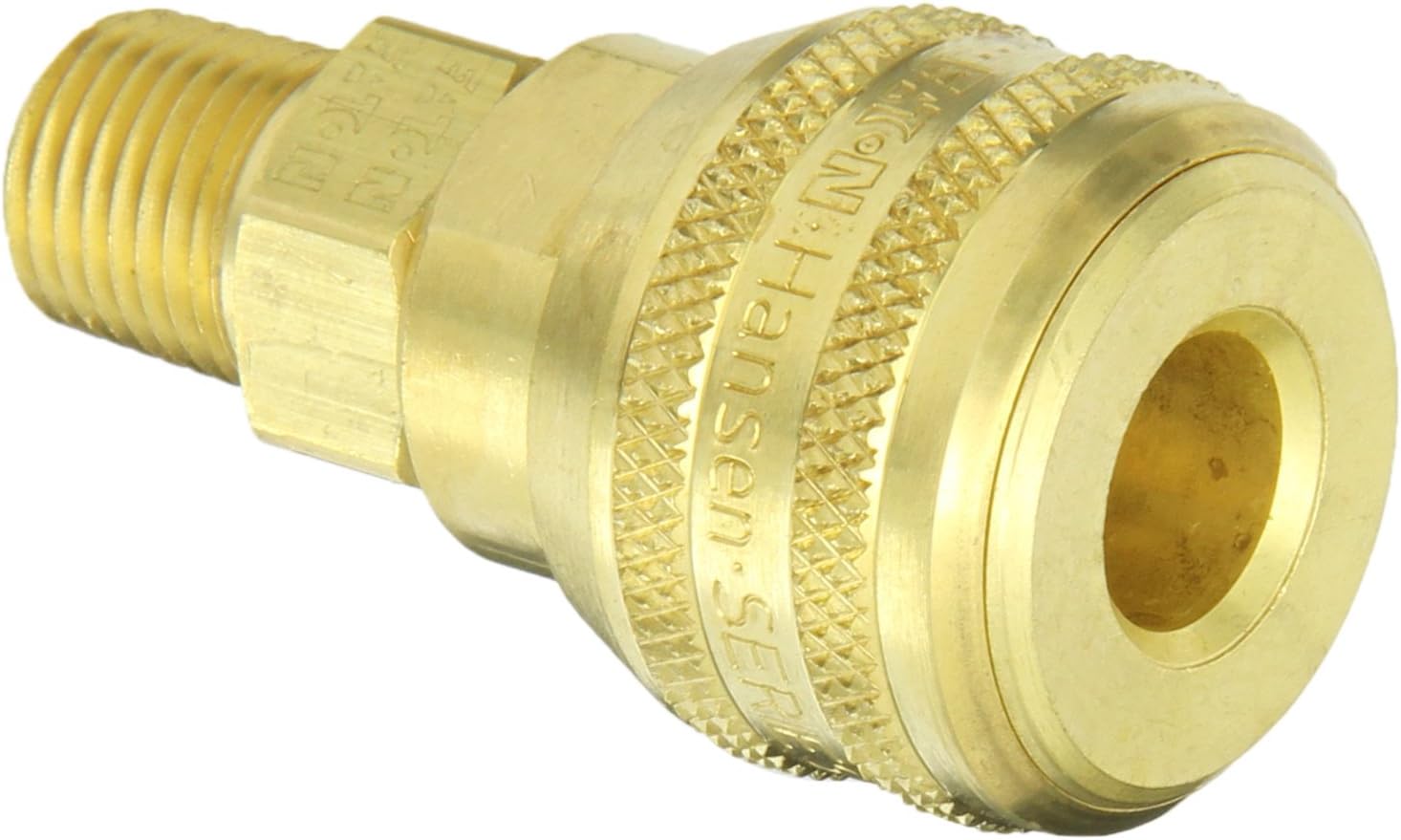 Eaton Hansen 3100SL Brass ISO-B Interchange Pin Lock Pneumatic Fitting, Sleeve Lock Socket with Valve, 1/4"-18 NPTF Male, 1/4" Port Size, 1/4" Body