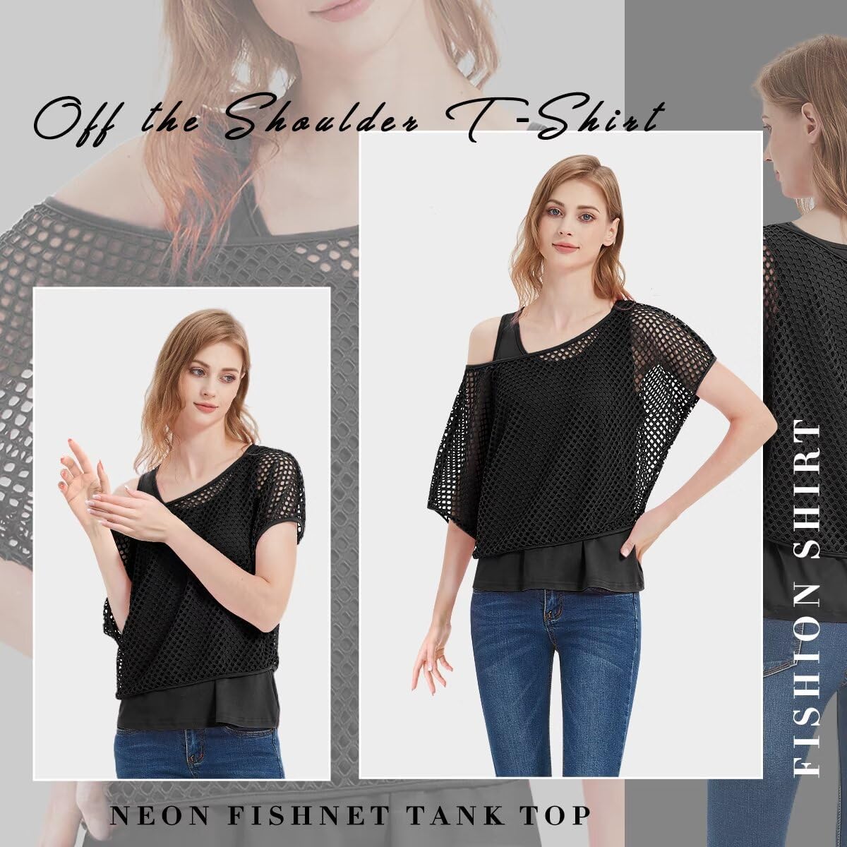 WILDPARTY Women's Casual Sexy Off Shoulder T-Shirt 80s 90s Outfit 80's Costume Fishnet Neon Shirt Summer Short Sleeve - Image 3