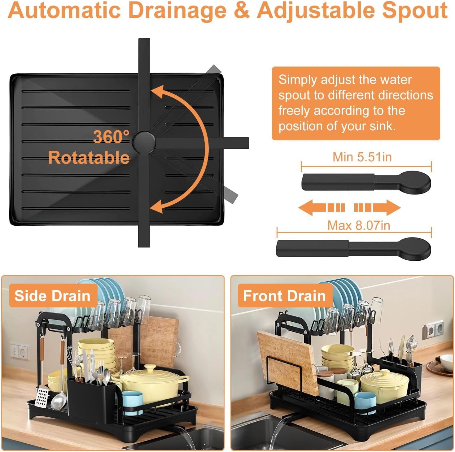 2-Tier Dish Drying Rack for Kitchen Counter Space Saving Rustproof Dish Rack with Drainboard Detachable Kitchen Drainer Organizer Set