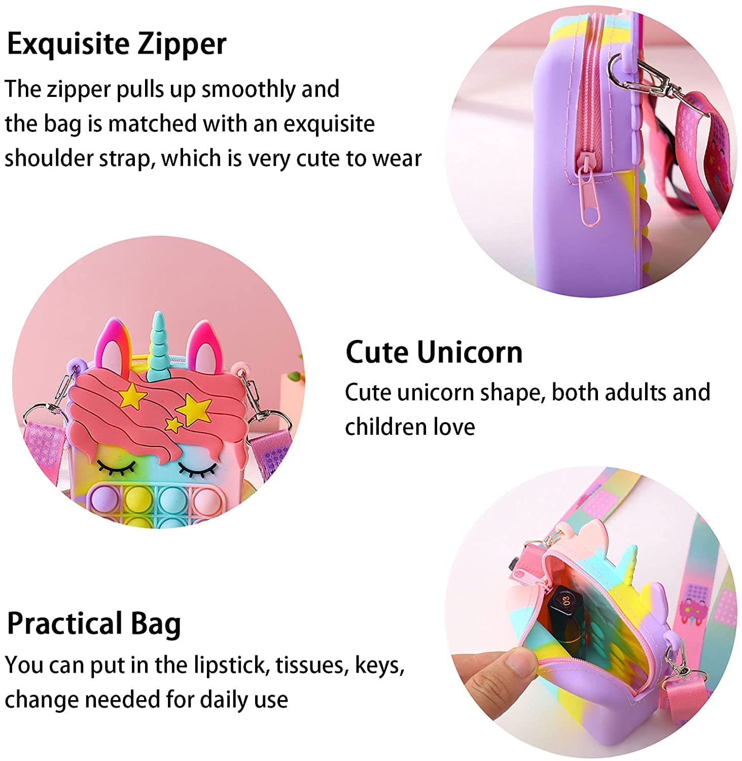 Party Propz Pop It Bag for Girls - 1Pc Unicorn Bags for Girls | Unicorn Bag | Popit Bag for Kids | Rainbow Purse for Kids | Unicorn Purse - Image 8 thumbnail