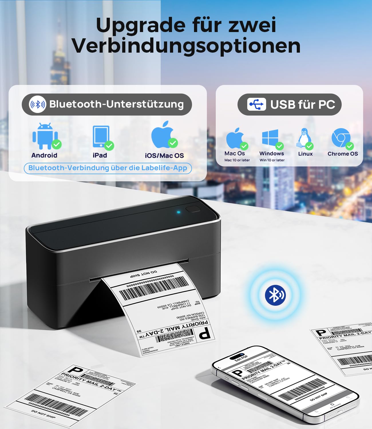 Phomemo Bluetooth Etikettendrucker mit 100 transparenten Etiketten Bundle, 4x6 Versandetiketten Drucker unterstützt DHL, DPD, UPS, Thermodrucker für E-Commerce & Kleinunternehmen, iOS & Android