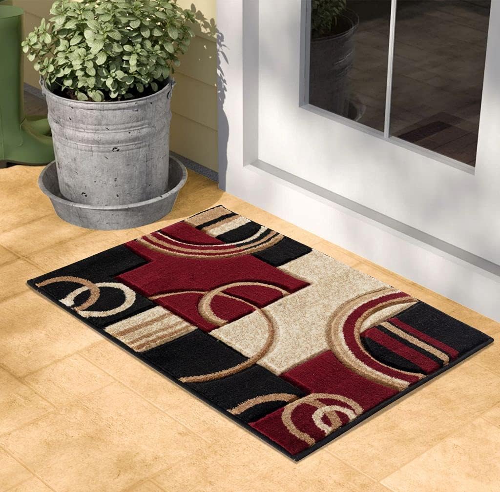 GLORY RUGS Area Rug 2x3 Door Mat Dark Red Geometric Soft Floor Carpet with Premium Fluffy Texture for Indoor Living Dining Room and Bedroom Area