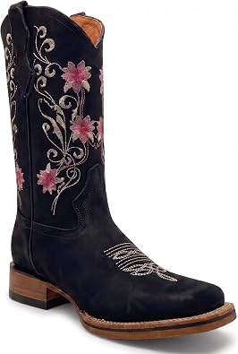 The Western Shops Womens Cowboy Boot, Floral Embroidered Western Cowgirl Boots, Mid Calf Pull-On Square Toe