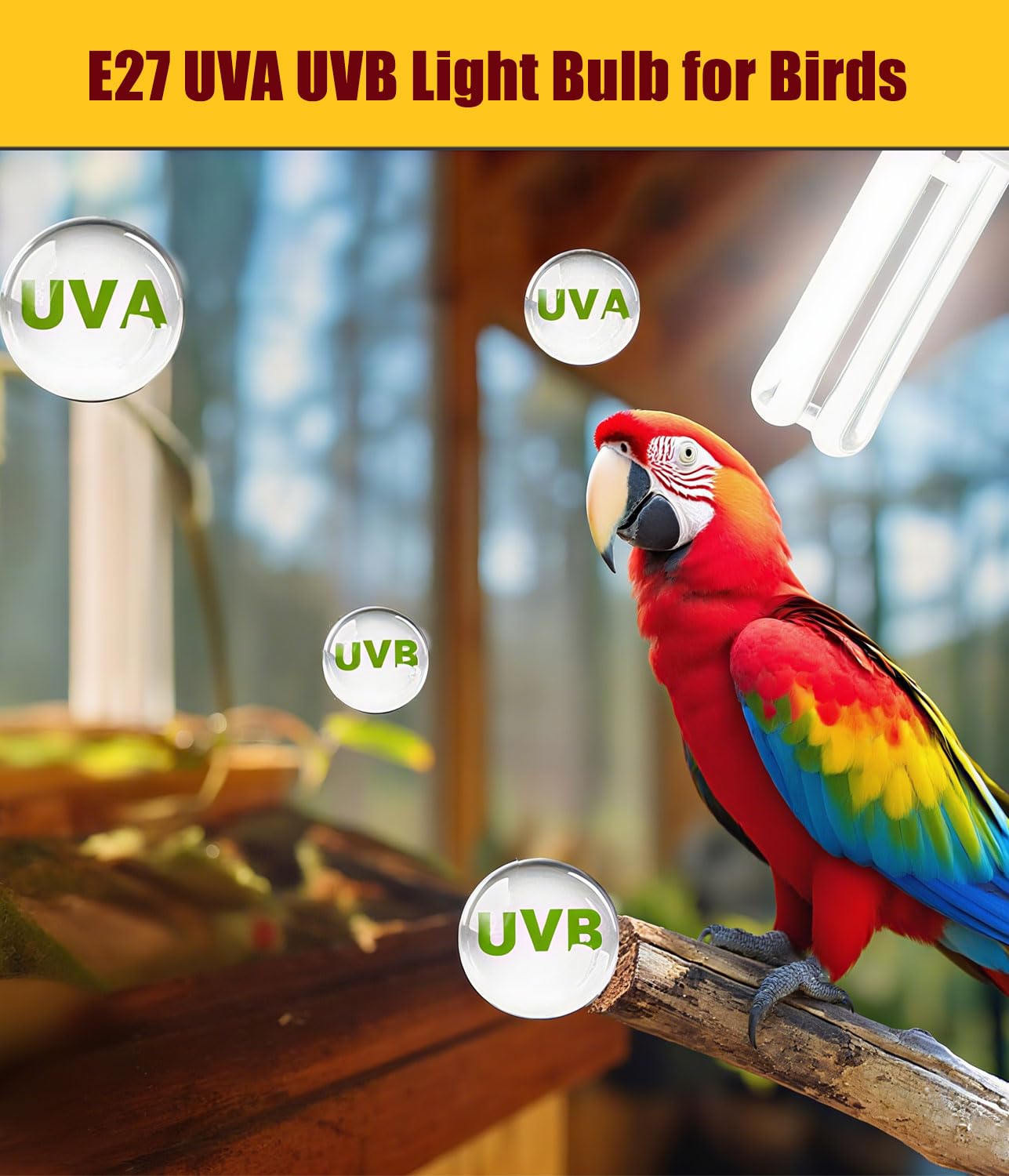 KINGYEENUO Kit Combinado de Lámpara para Jaula de Pájaros, Lámpara con Pinza y Tablero de Madera, Bombilla Fluorescente Compacta 20W 2,4% UVB UVA, E27 Luz UVB para Todo Tipo de Pájaros en Cautiverio