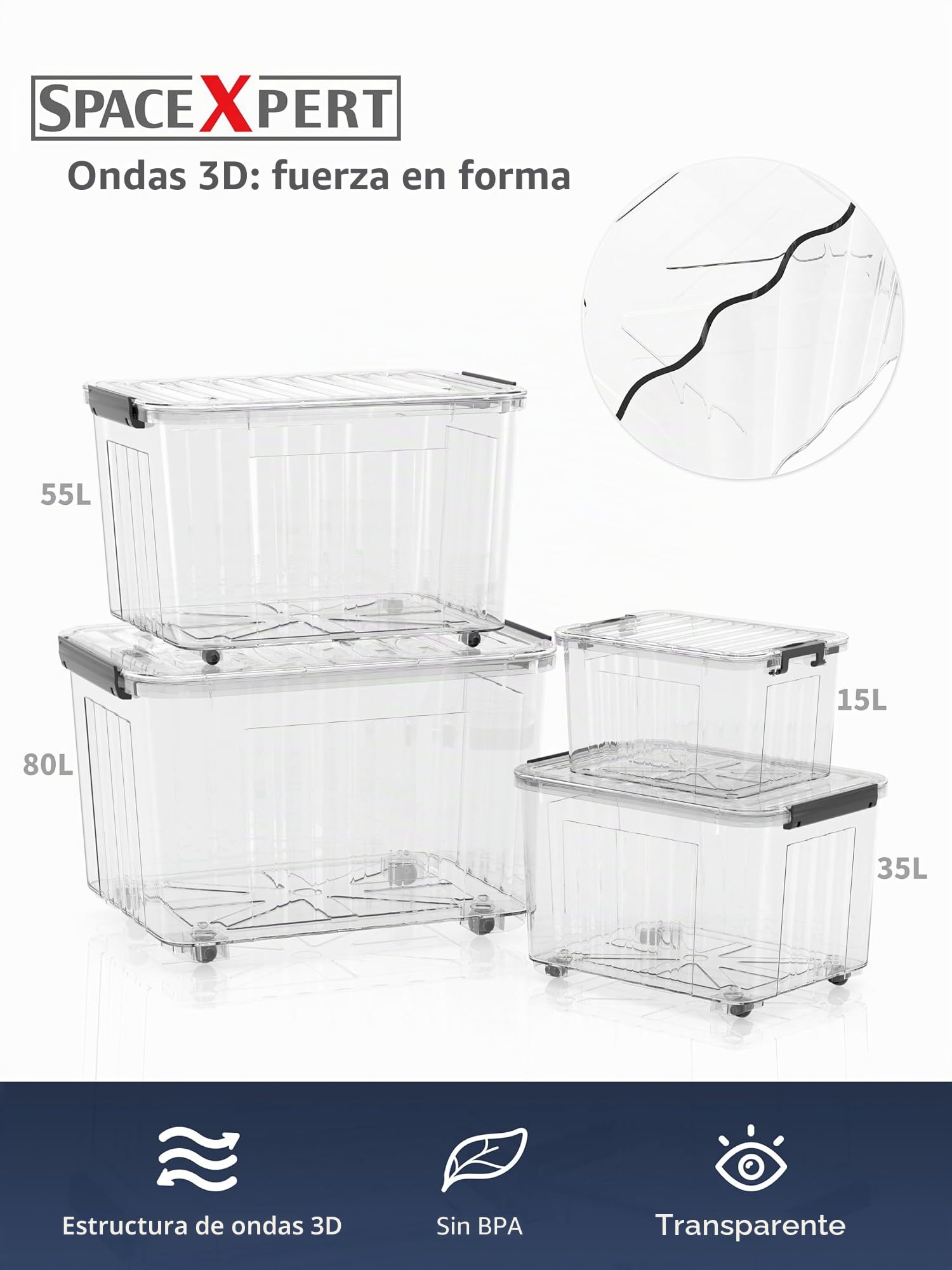 Cajas de Almacenamiento de Plástico con Tapa, Diseño Rayado 15L, Contenedor Apilable Resistente para Hogar, Oficina y Garaje, Transparente de PP, Organizador Versátil, 15L (Paquete de 4)