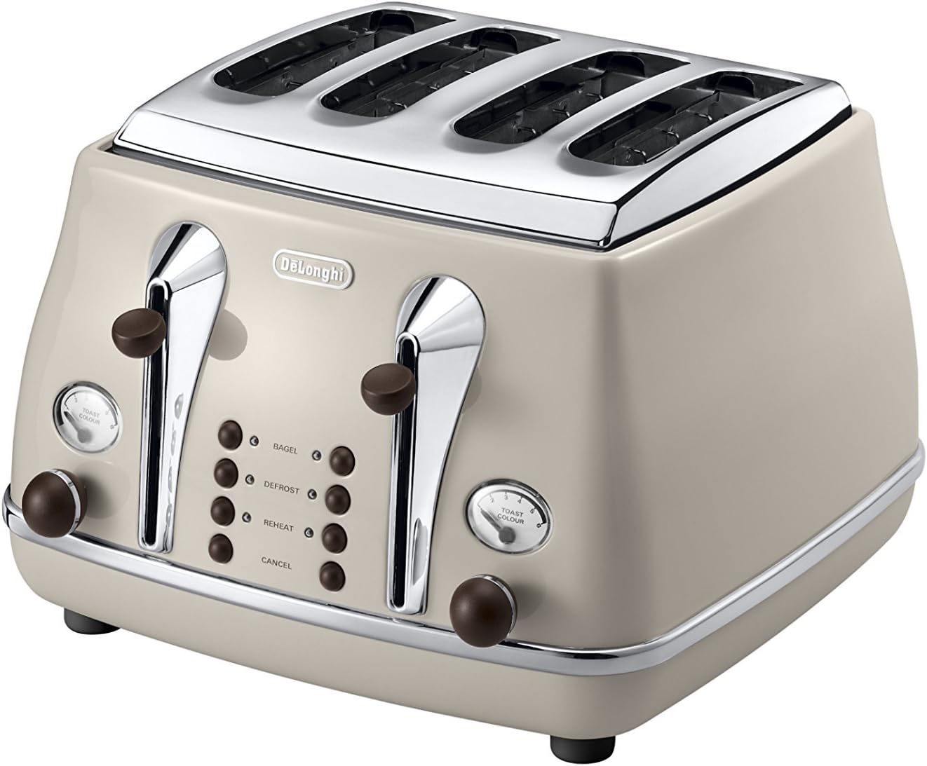 De'Longhi Icona Vintage 4 slot toaster, reheat, defrost, one-side bagel & 6 browning settings, CTOV4003BG, Beige