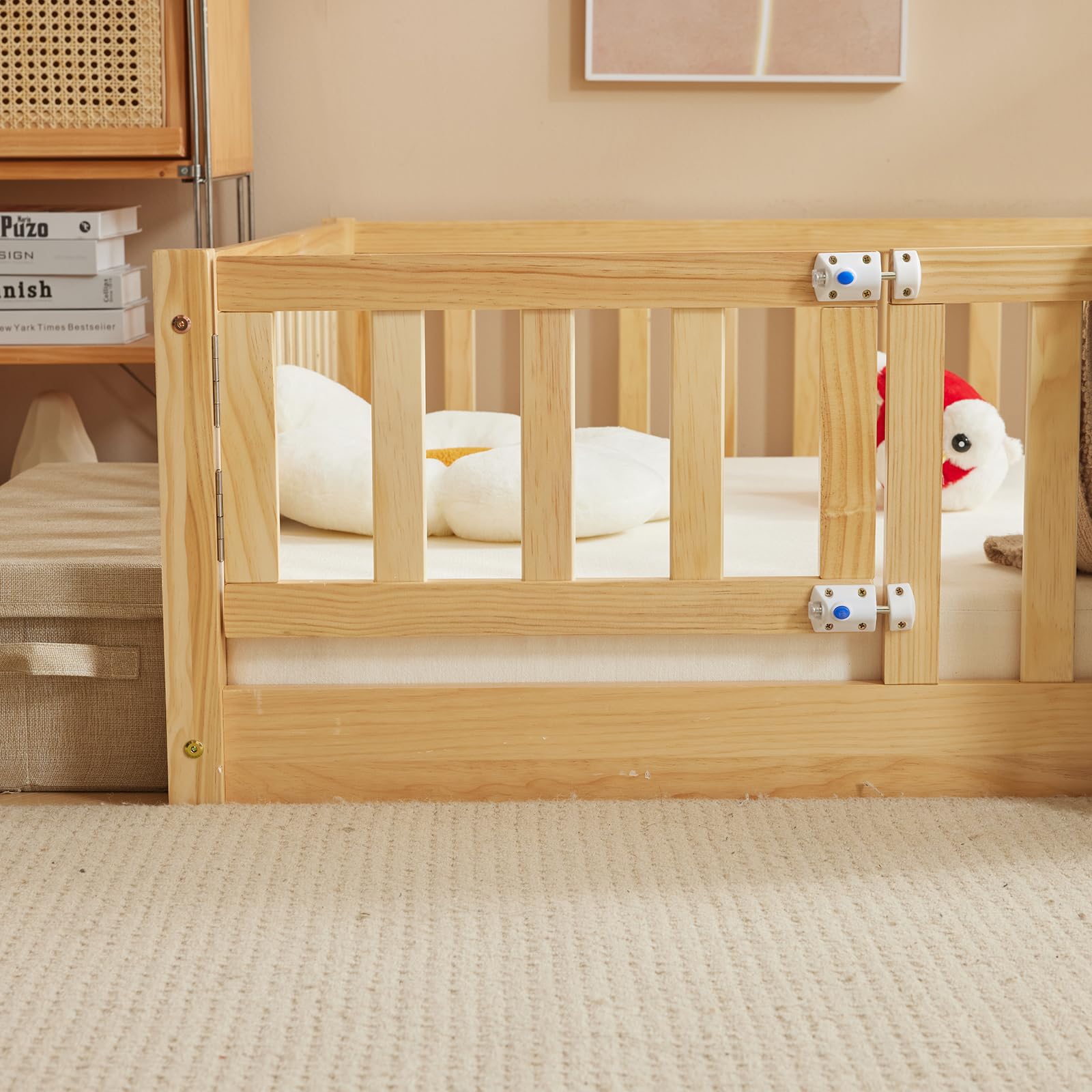 LALAHO 2-in-1 Bodenbett Montessori Kinderbett mit freien Toren, 140×200 cm Herausfallschutz & Lattenrost | Gitterbett, Kinder-Jugendbett, Einzelbett | bis 300 kg Tragfähigkeit, umbaubar（Natur）