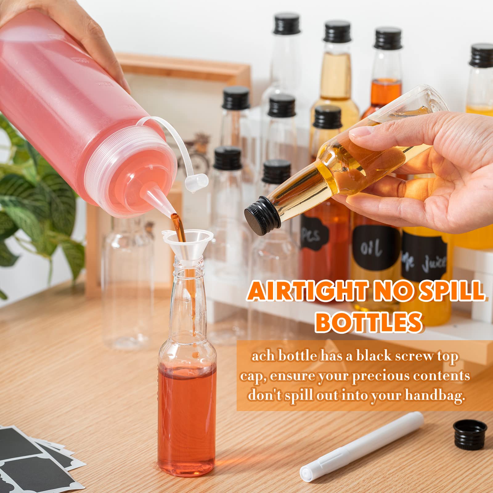 Potchen Mini Liquor Bottles Reusable Plastic Empty Spirit Bottle with Black Screw Caps, Liquid Funnel, Labels and 5 Pcs Marker Pens for Vodka Champagne Whiskey (72 Pack, 3.4 oz)