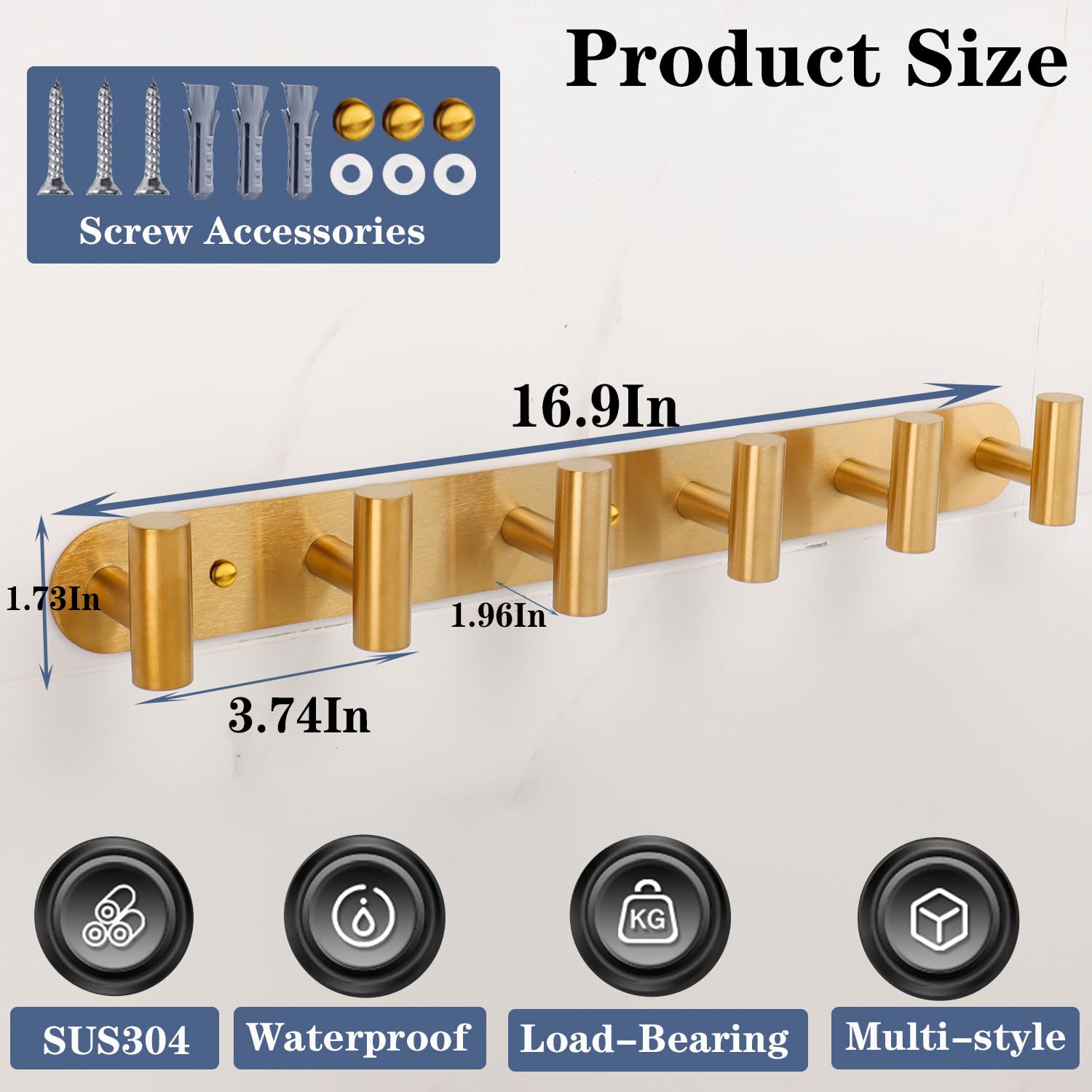 6-Hook Stainless Steel Coat Rack – Gold, Wall Mounted For Entryway, Bathroom, Mudroom