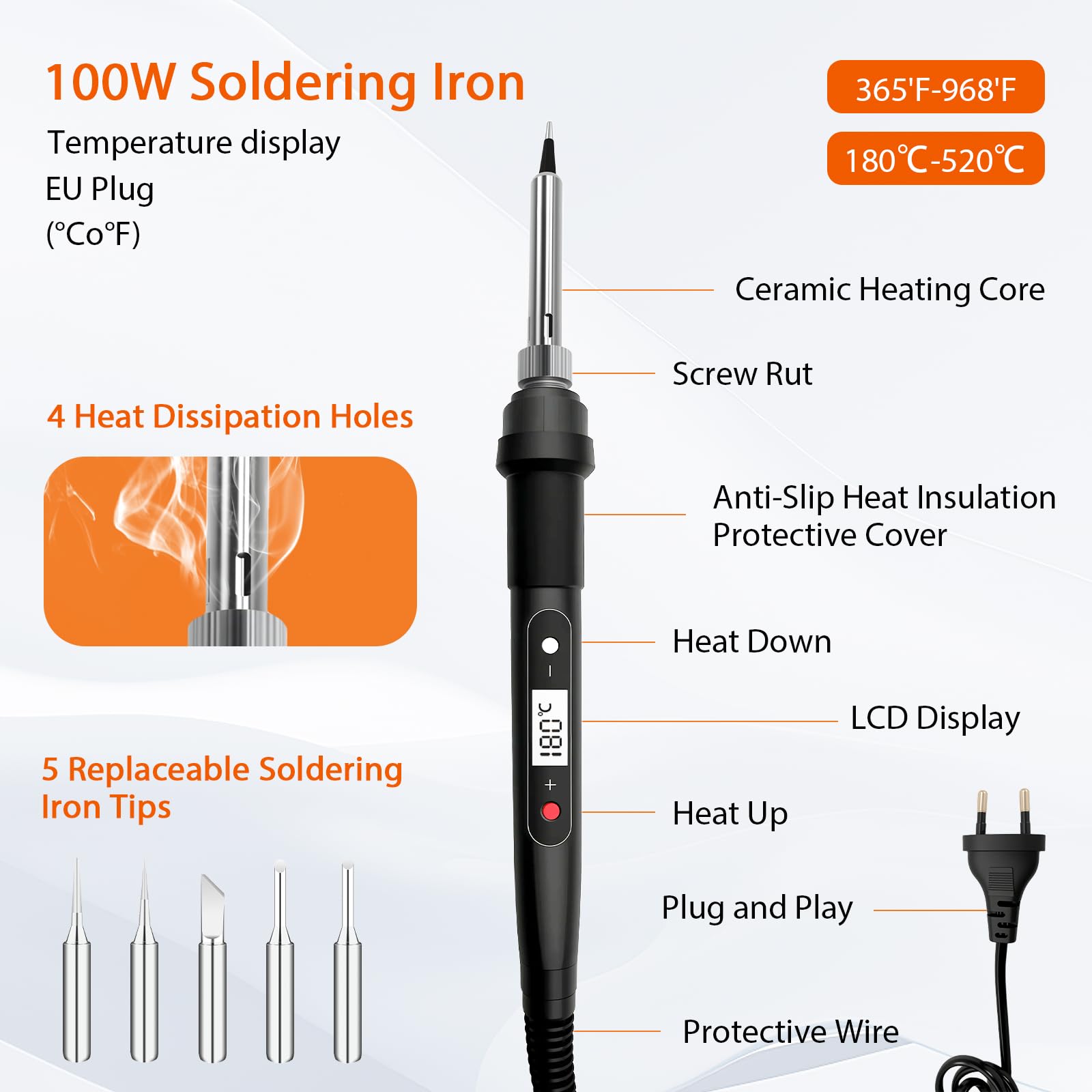 Kit de soldador 100 W, LCD, temperatura ajustable de 180 a 520 °C, soldador de estaño, 16 en 1, soldadura electrónica de precisión con 50 g de hilo de soldadura, 5 puntas de soldador, bomba de