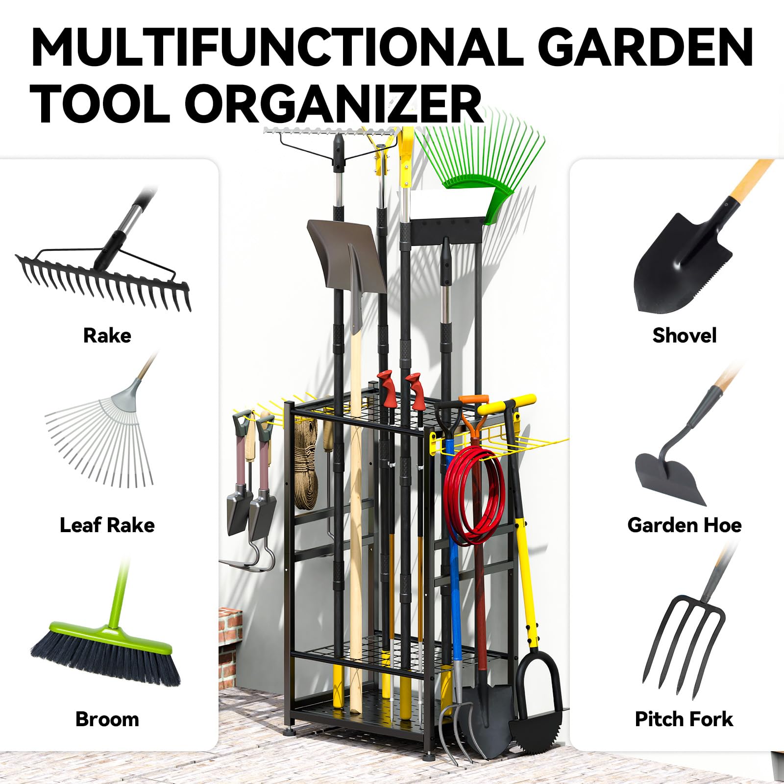 Organizer per attrezzi da giardino, fino a 48 utensili con manico lungo, per garage e organizzazione con gancio laterale per scopa/rastrello/pala/strumento con manico a T, in acciaio