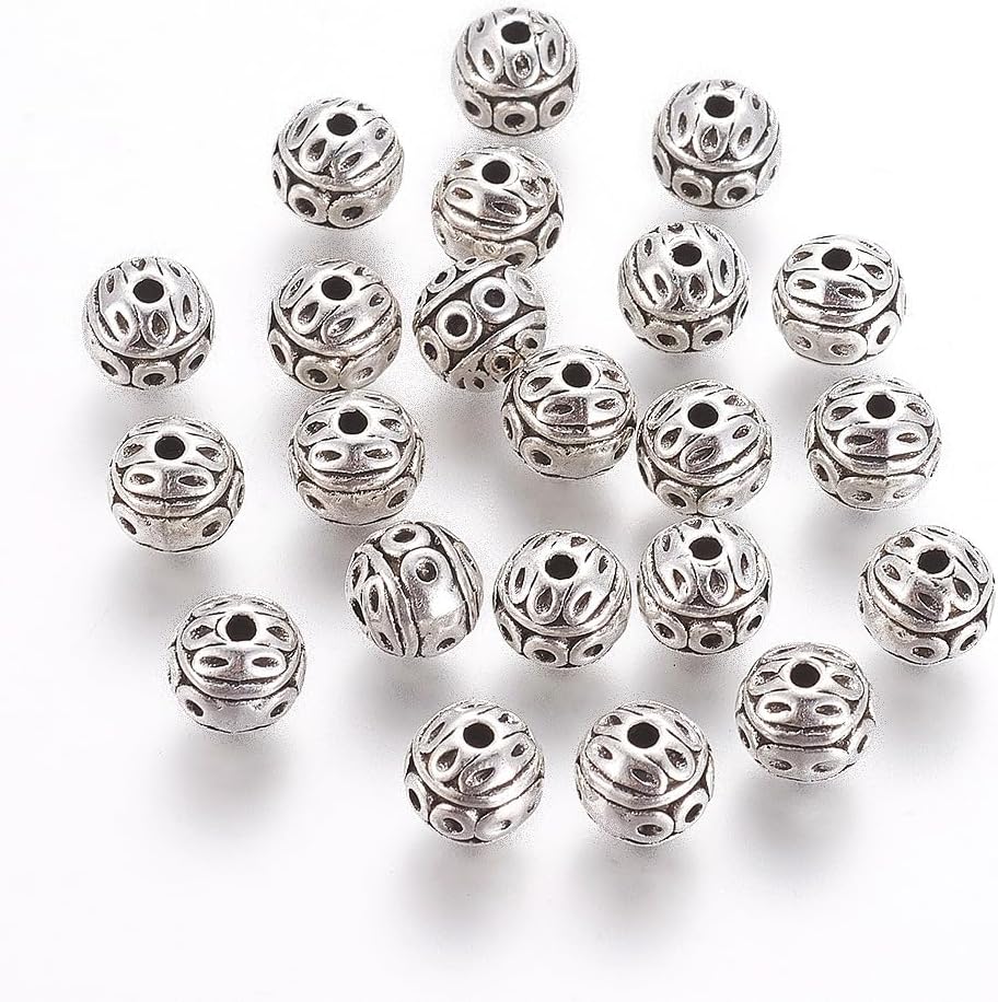 KISSITTY 100pcs Antique Silver Metal Beads 8mm Tibetan Style Textured Round Spacers Vintage Alloy Center Drilled Loose Beads for DIY Bracelets Necklaces Earrings Jewelry Making