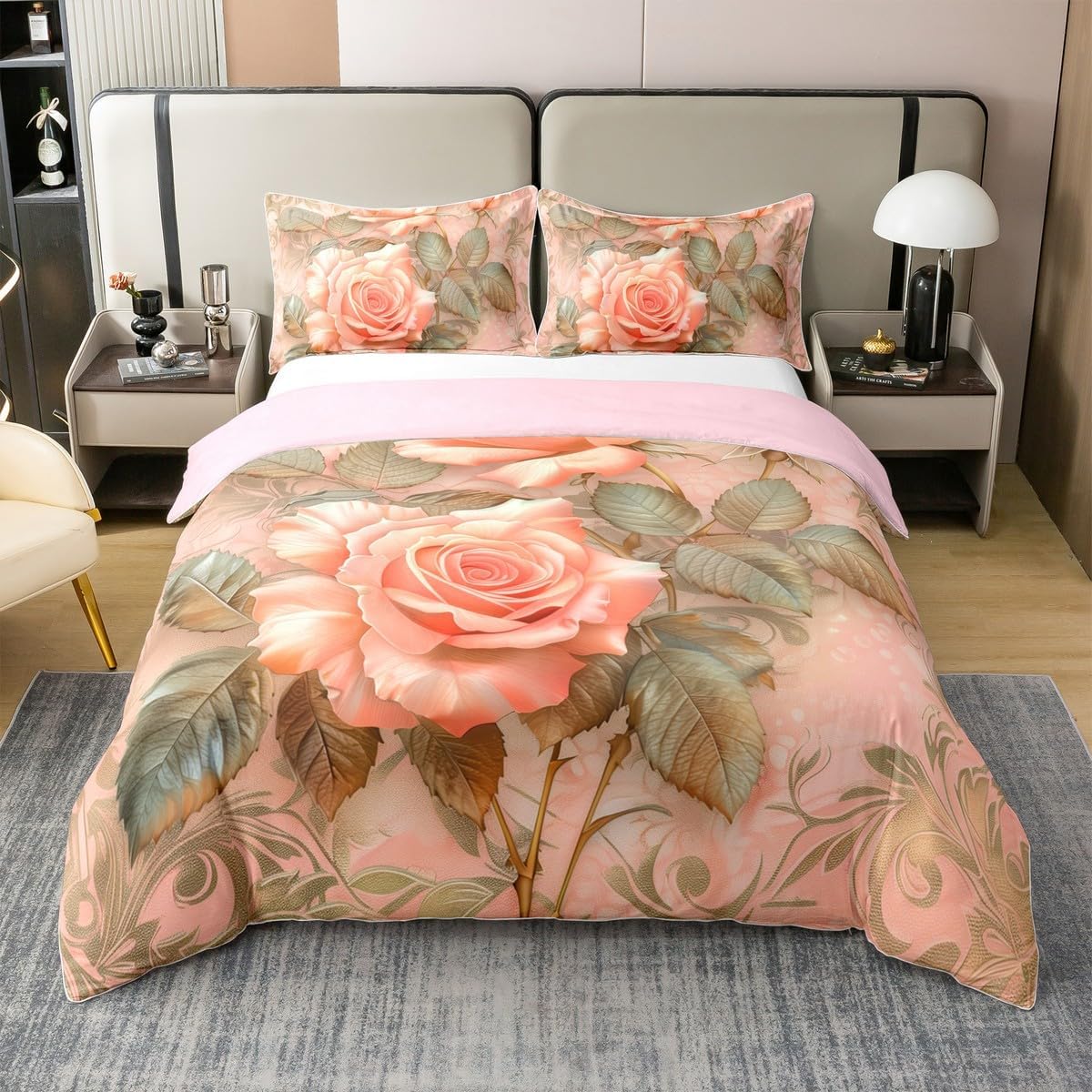 Erosebridal Pink Flower 100% Cotton Duvet Cover King Romantic Blooming Rose Bedding Set for Kids Girls Teen Adults Vintage Sweet Floral Comforter Cover Retro Country Garden Plants Bed Set 3 Pcs
