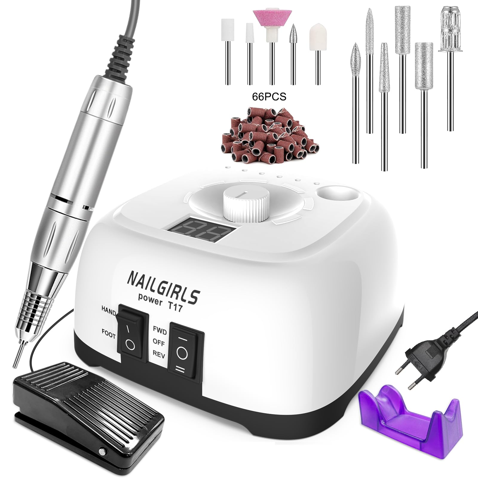 NAILGIRLS Fresa per Unghie Professionale 35000RPM, Fresa Unghie, Lima Per Unghie Elettrica, Lima Unghie Elettrica con LED Intelligente e Modalità Pedale, Portatile per Rimozione Gel/Smalto (Bianco)