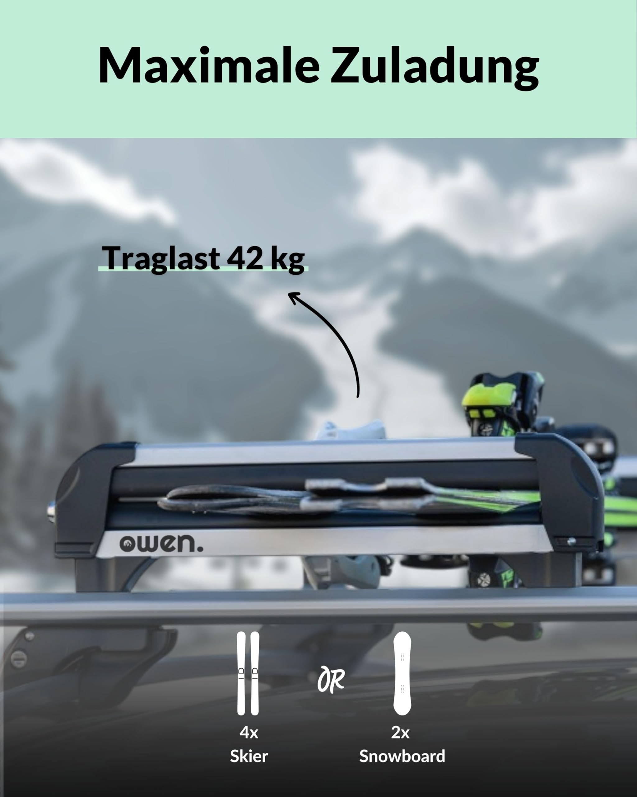 Owen Skiträger Basic Silber – Leichter Alu Skihalter für 4 Paar Ski & 2 Snowboards – Kompakt & Aerodynamisch – City-Crash Getestet & Abschließbar (49 cm Breite)