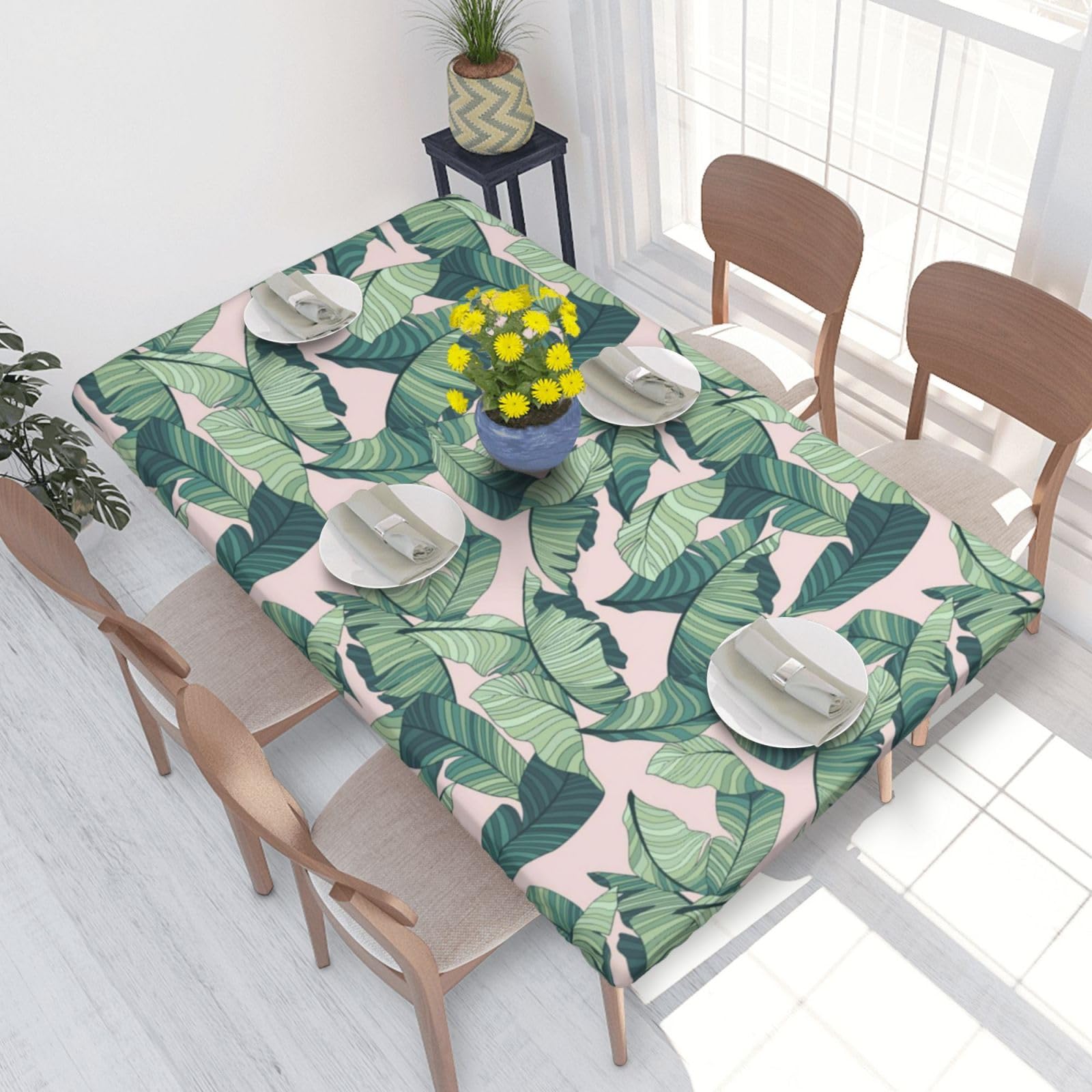 BNVSADC green palm tree leaves pink Printed 4FT Tablecloth 122x76 CM Polyester Kitchen Water Resistant Table Cloth Dining Table Decoration Table Covers