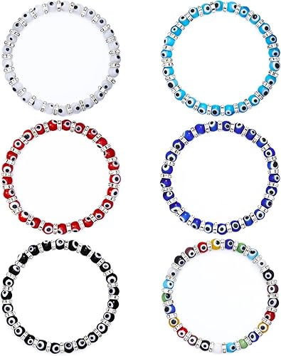 Hicarer 6 pulseras de ojo turco con cuentas de cristal turco, amuleto de protección de la suerte para mujeres y hombres, Mediana, Madera de agar,