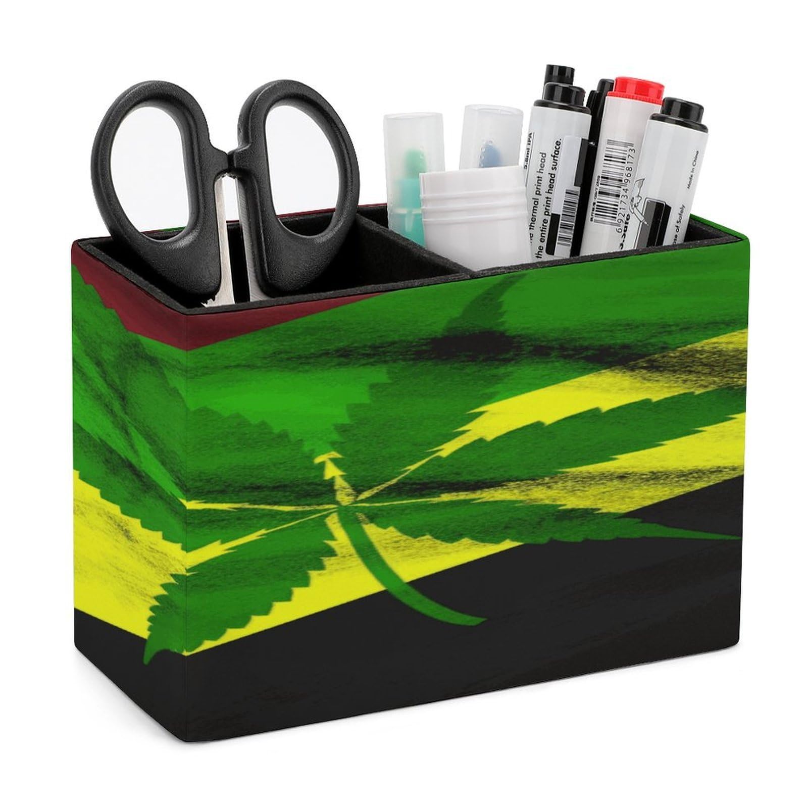 FekiLoot PU Leather Jamaica Flag Leaves Pen Holder for Desk 2 Compartments Desktop Stationary Organizer Rectangle Table Pencil Cup Stand Desktop Stationery Organizer Case for Office Home