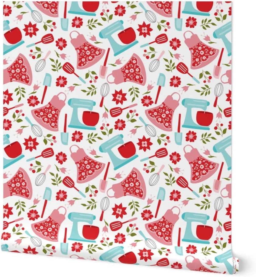 Spoonflower Peel & Stick Wallpaper 3ft x 2ft - Retro Cottage Kitchen Vintage Baking Custom Removable Wallpaper