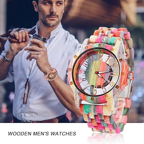 Miniatura 7 de Brown Deep Black Ebony Zebra Reloj de cuarzo de madera para hombre, correa de madera con cierre plegable para hombres