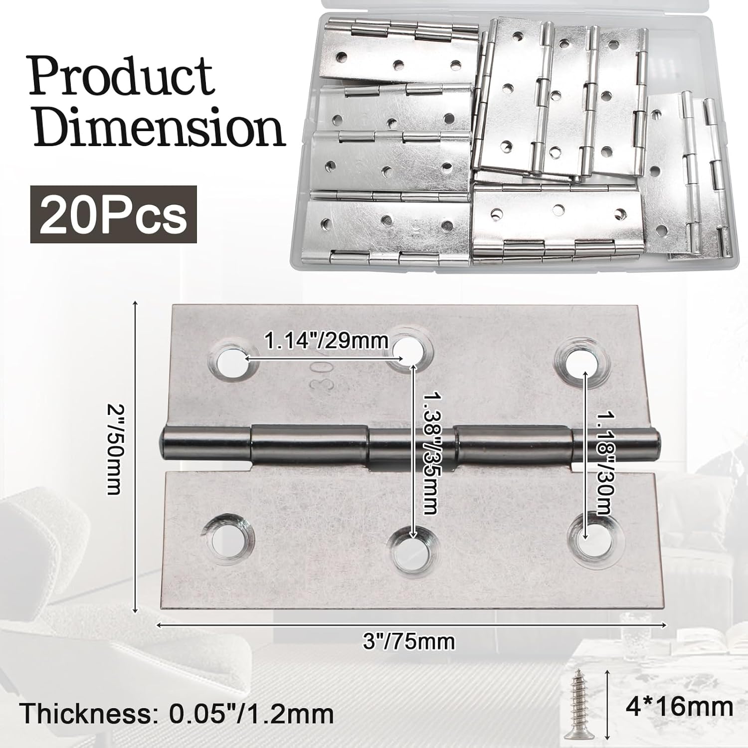 Luomorgo 20 Pack 3 Inch Mini Hinges Butt Hinges, Stainless Steel Cabinet Hinges, Small Folding Door Hinge for Wooden Box, Crafts (Silver)