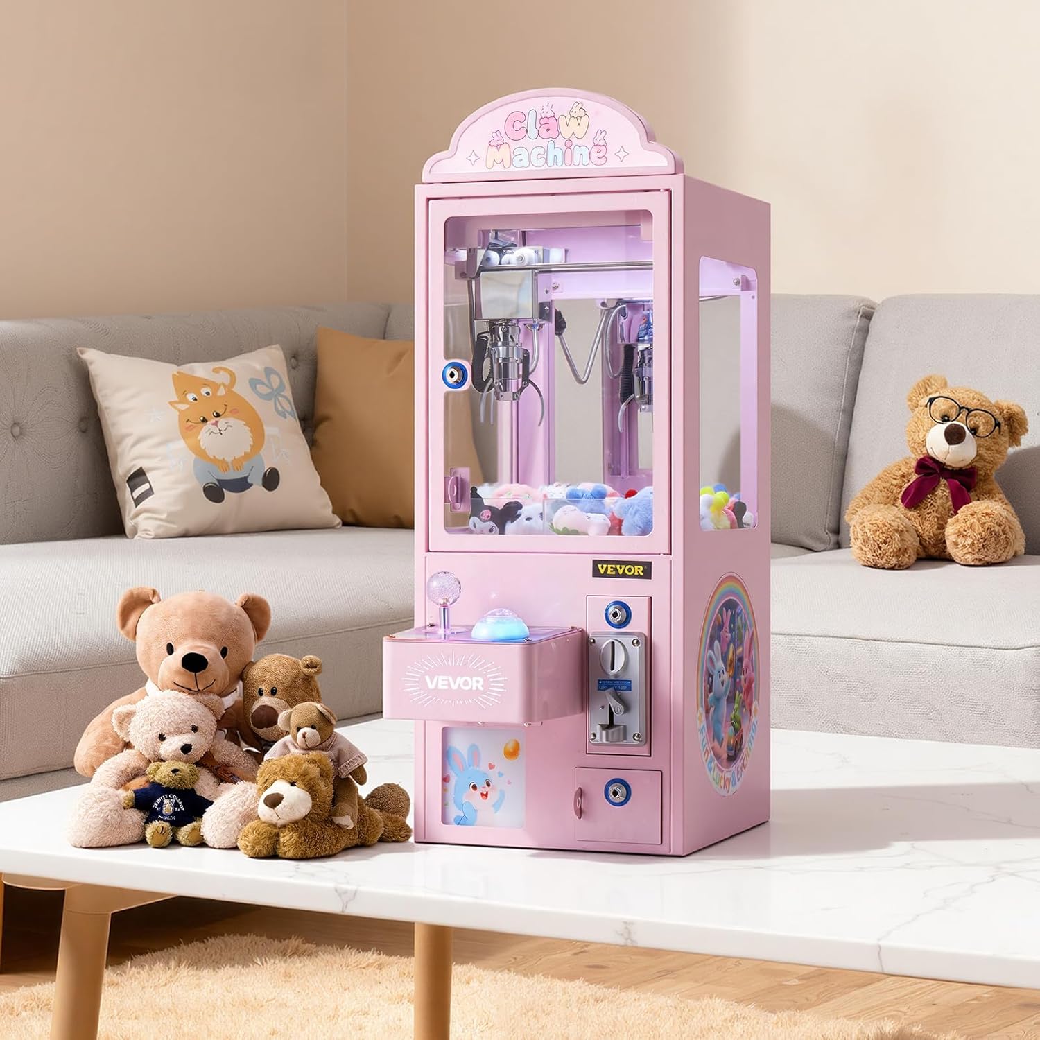 VEVOR Claw Crane Machine, Medium-Sized Arcade Game Machine with Light & Sound, Adjustable Steel Claws, Precise Toy Candy Grabber Prize Dispenser Vending Toy, for Commercial Home Parties Cinema, Pink