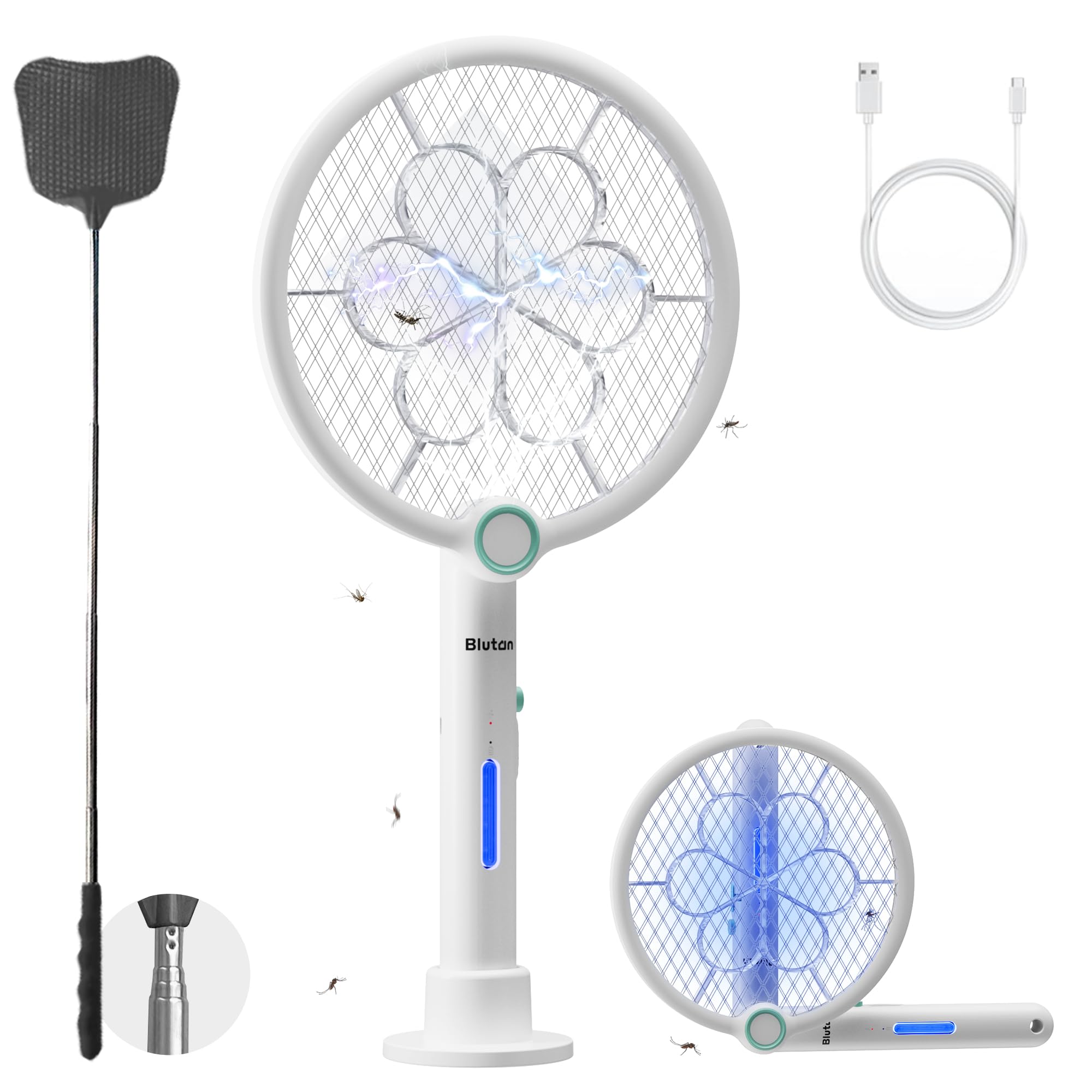 Blutan B Buzzzap X3 Smart Elektrische Fliegenklatsche mit UV-Lichtfalle, 2in1 Moskitoschutz, Electric Fly Swatter, 4000V Insektenvernichter für Mücken, Fliegen, Motten, Stechmücken, Chemiefrei,USB-C