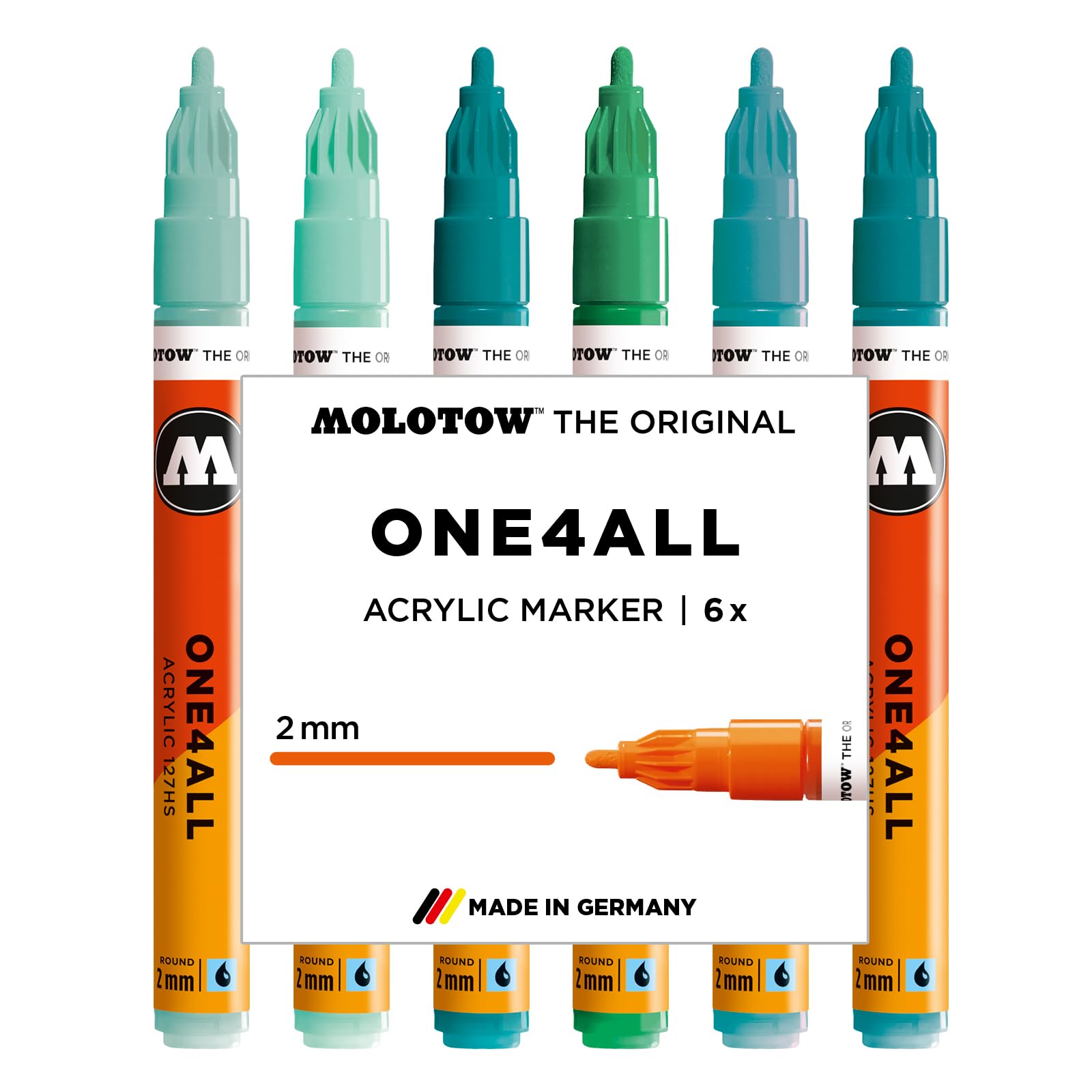 Molotow One4All 127HS Acrylic Marker Tropical Set (2.0 mm Line Width, High Coverage and Permanent, Quick Drying, Refillable, for Almost All Surfaces) Pack of 6 Assorted