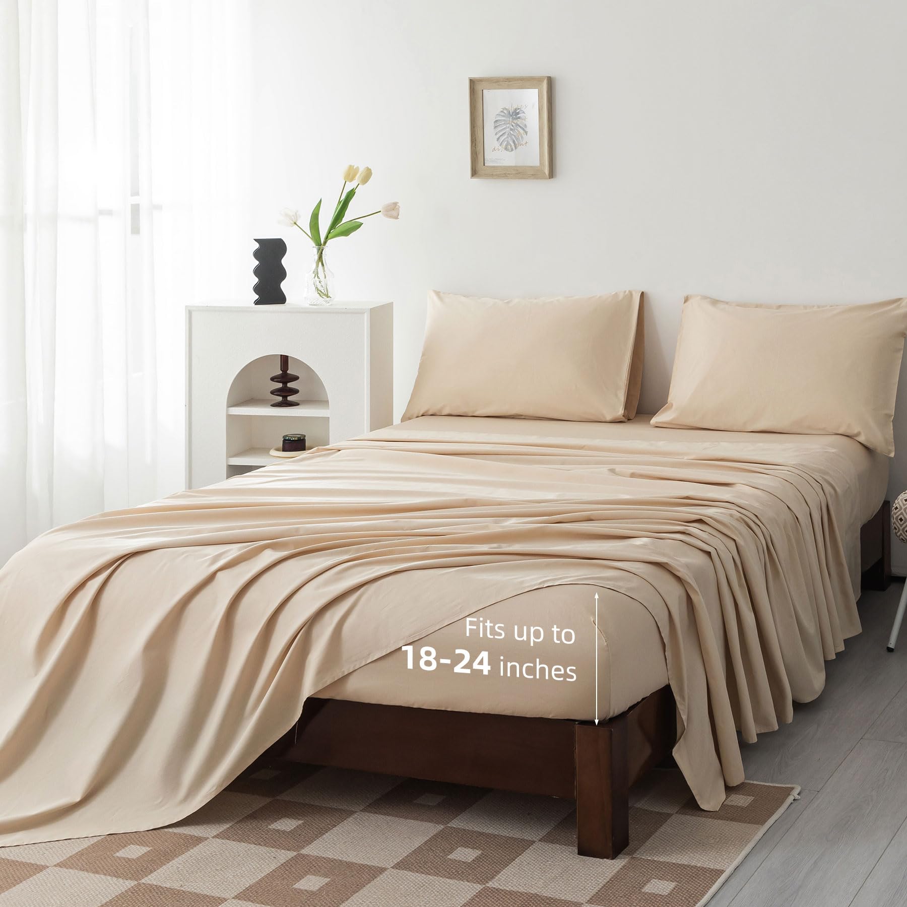 Levoo 100% Cotton Sheets King Size Set 18"-24" Extra Deep Pocket King Sheets Set Soft Breathable Cooling 4Pcs Bed Sheets with 1 Flat Sheet, 1 Fitted