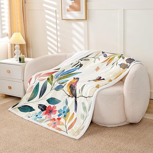 Miniatura 2 de Erosebridal Hummingbirds Fleece Throw Blanket 40"x50" - Ultra-Soft for Couch Sofa Bed,Watercolor Wildlife Sherpa Blanket,Botanical Leaves Flowers