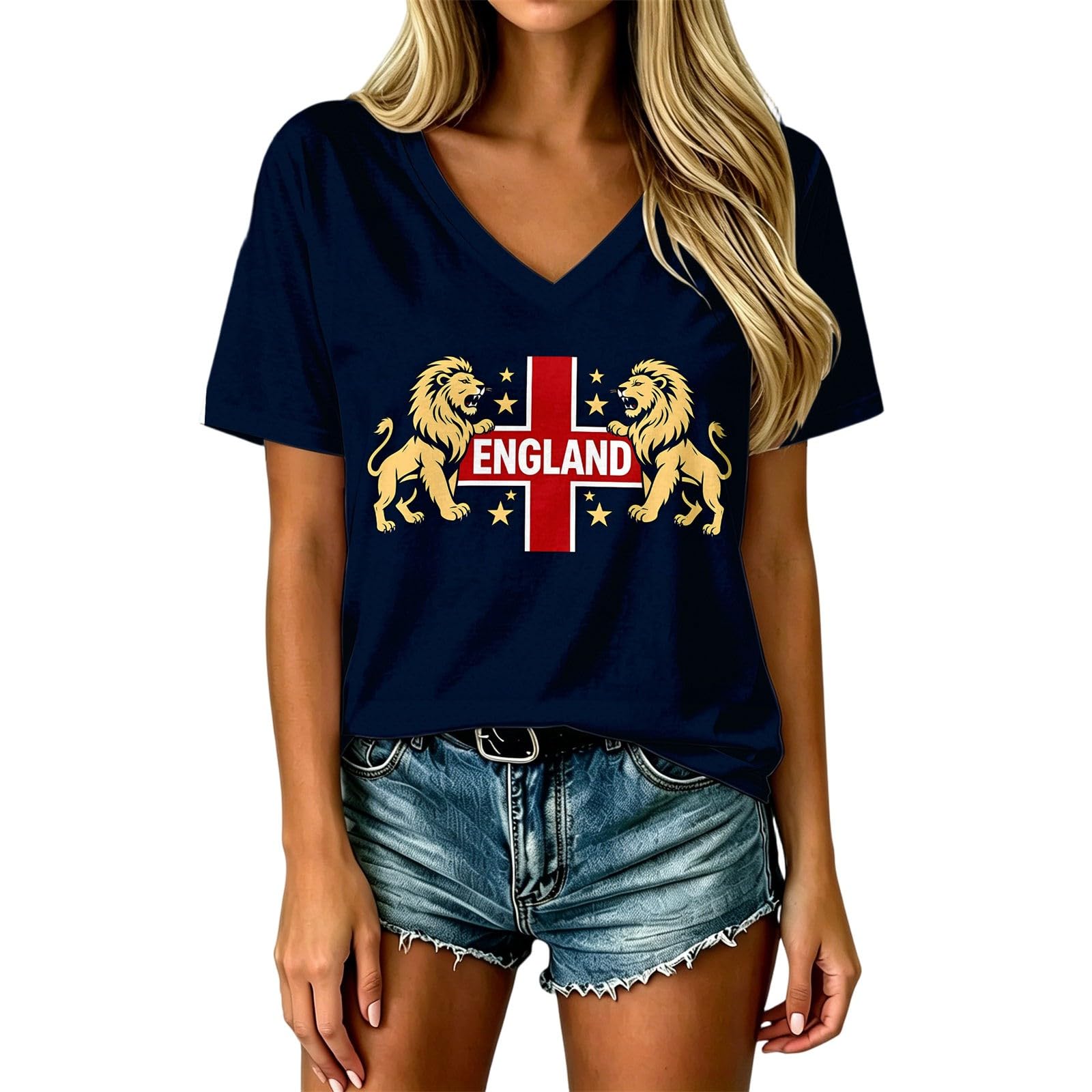 HOOUDO Womens England Football Shirt World Cup 2026 Short Sleeve Jersey Retro Graphic Printed V Neck Training Tops Breathable Lightweight Ladies Soccer T-Shirt Athletic Shirts