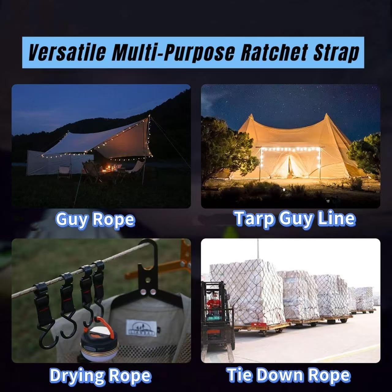 Adjustable Ratchet Tie Down Straps (1/6" 4mm, 1/4" 6mm, 3/8" 10mm) Ratcheting Pulley Guy Rope with Metal Hook & Adjuster, for Kayak, Freight, Truck, Tents, Plants & Grow Lights (4, 1/4" (6mm))