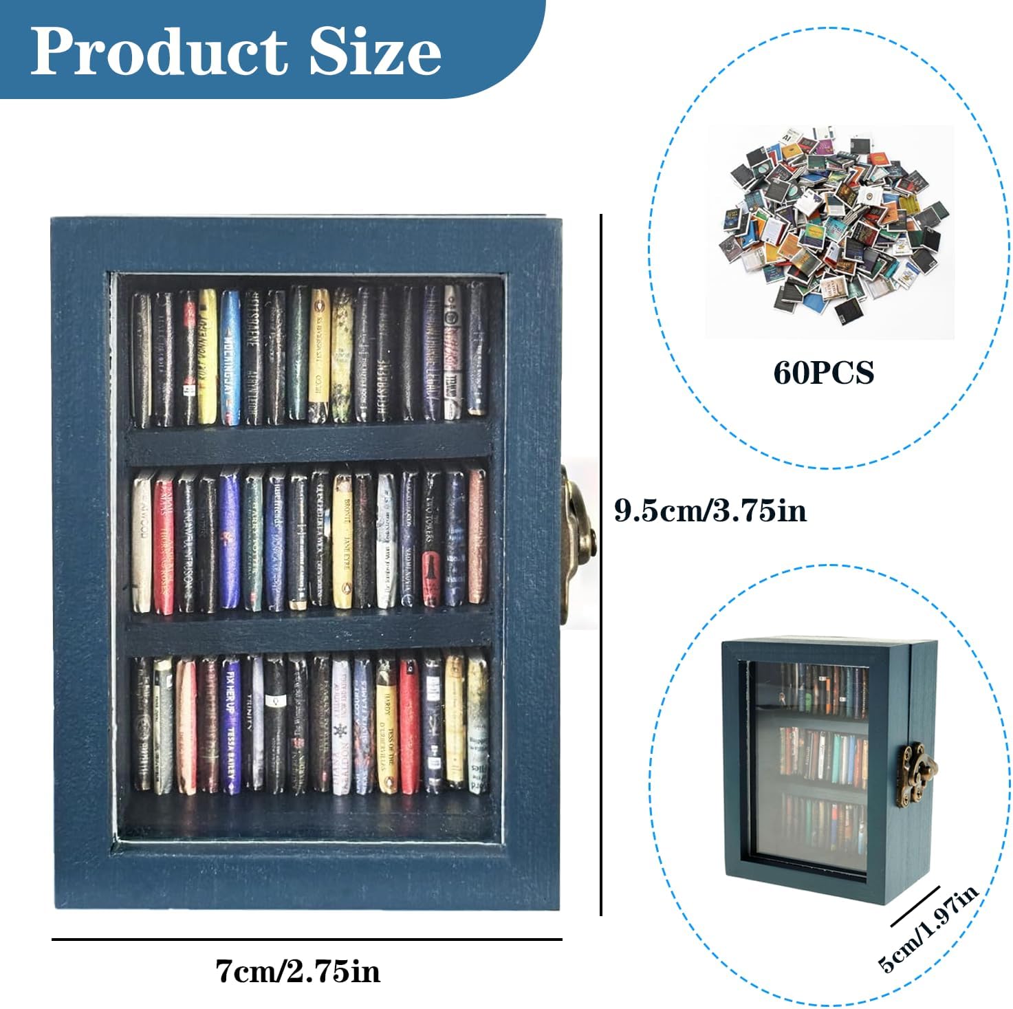 Stress Relief Mini Bookshelf Ornament Small Bookshelf Miniature Library with 60pcs Mini Books，Doll House Decor Shake Away Your Anxiety，Home Decoration for Book Lovers