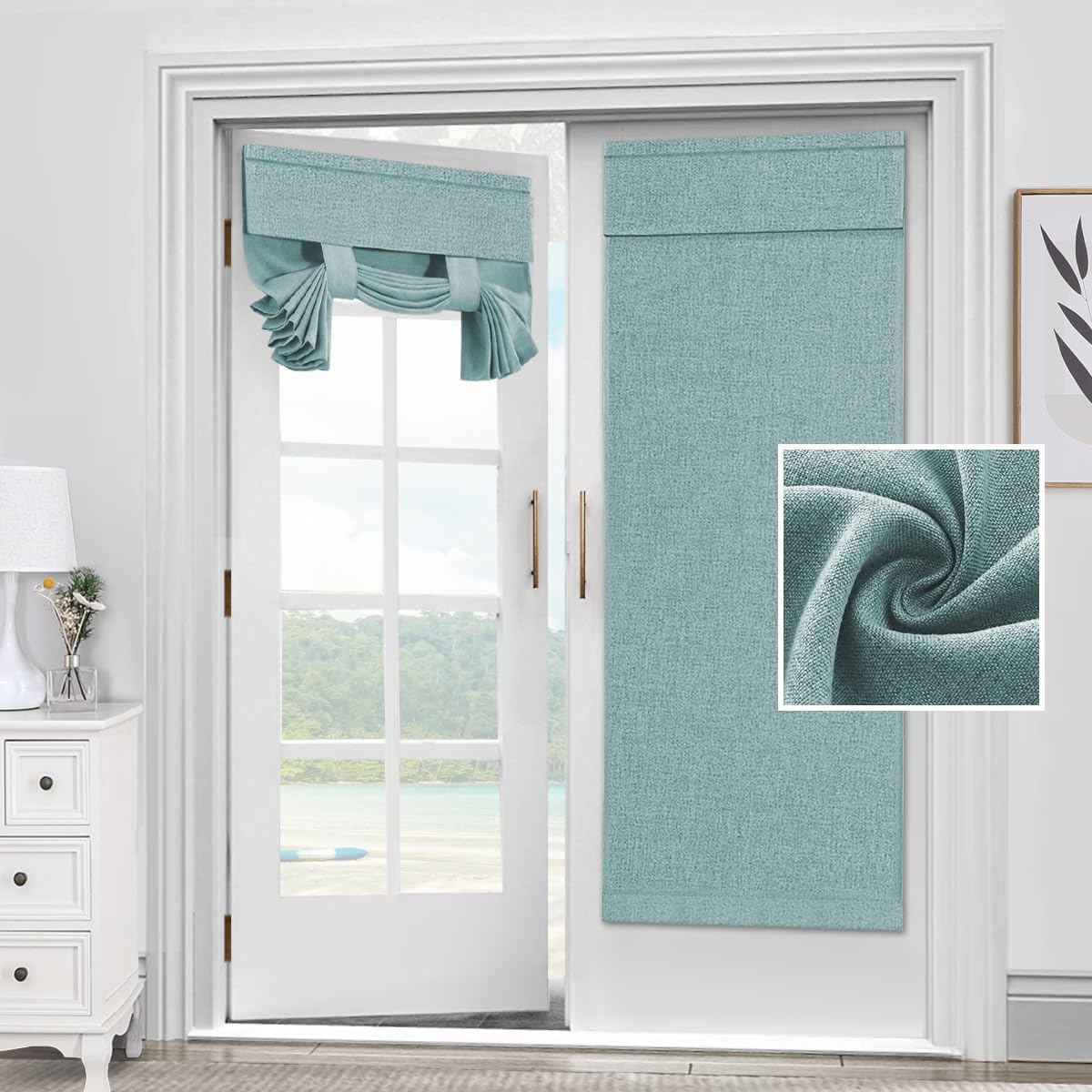 H.VERSAILTEX Faux Linen French Door Curtains for Privacy, Tie Up Shades for Glass Window Covering, Heather Aqua, 26'' x 68'', 1 Panel