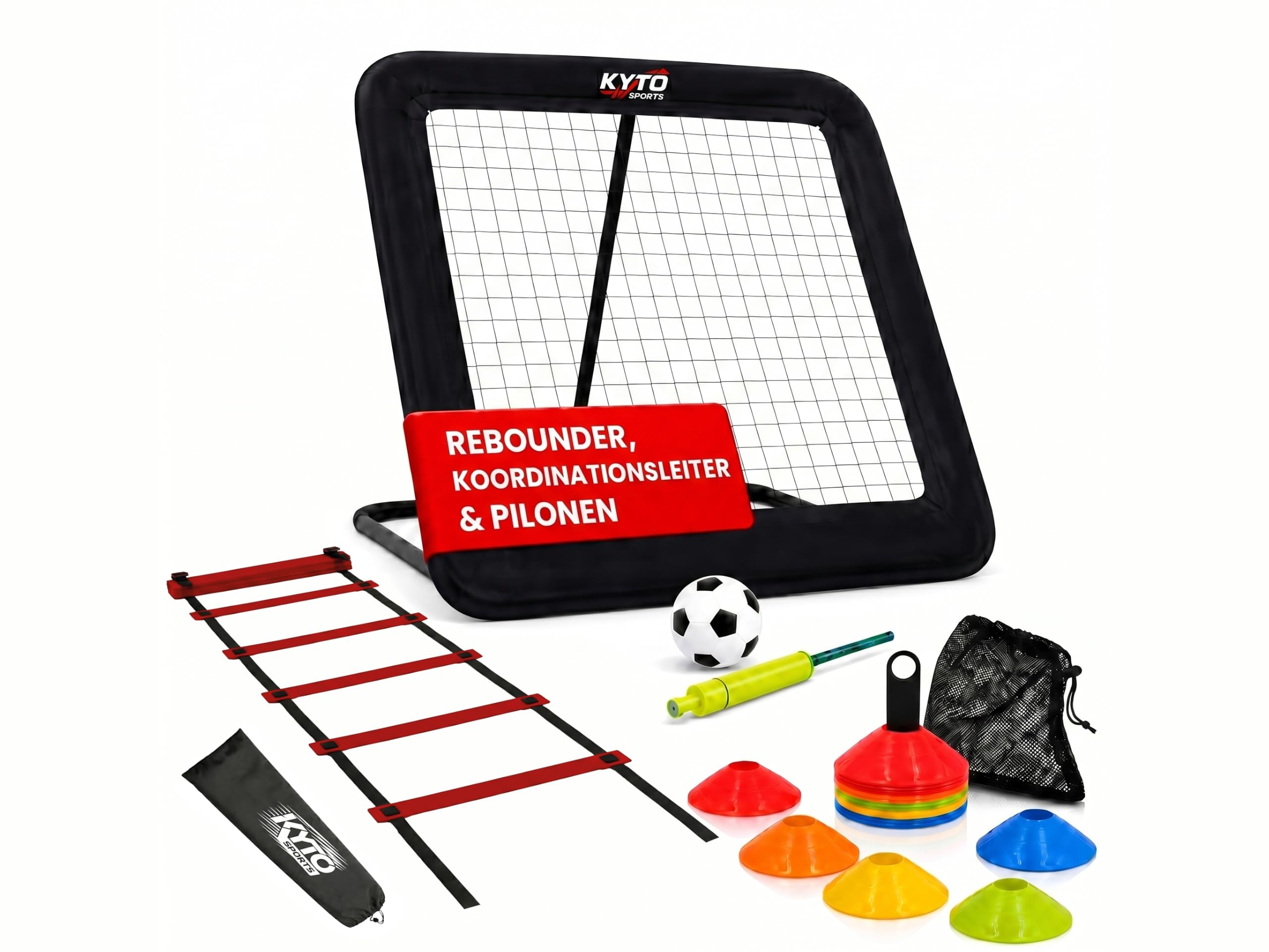 Kyto Sports Fußball Trainingsset 3-teilig – Rebounder 100x100 cm, 50 Markierungshütchen & Koordinationsleiter 6 m – Techniktraining, Agility, Schnelligkeit, Footwork & Ausdauer