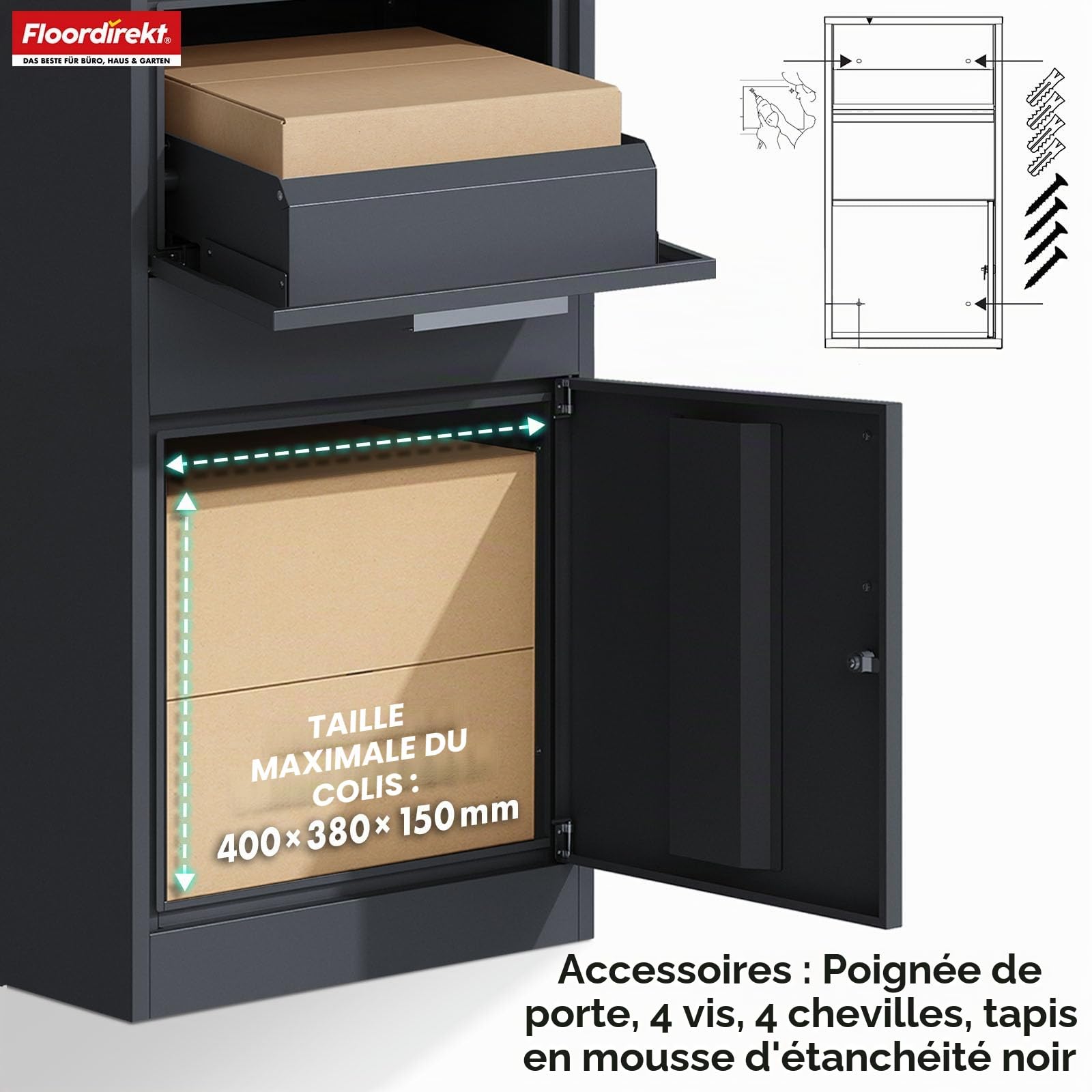Floordirekt Boîte aux lettres et boîte à colis inoxydable et massive XXL - Boîte aux lettres sur pied moderne avec serrure à cylindre - Boîte aux lettres Francois