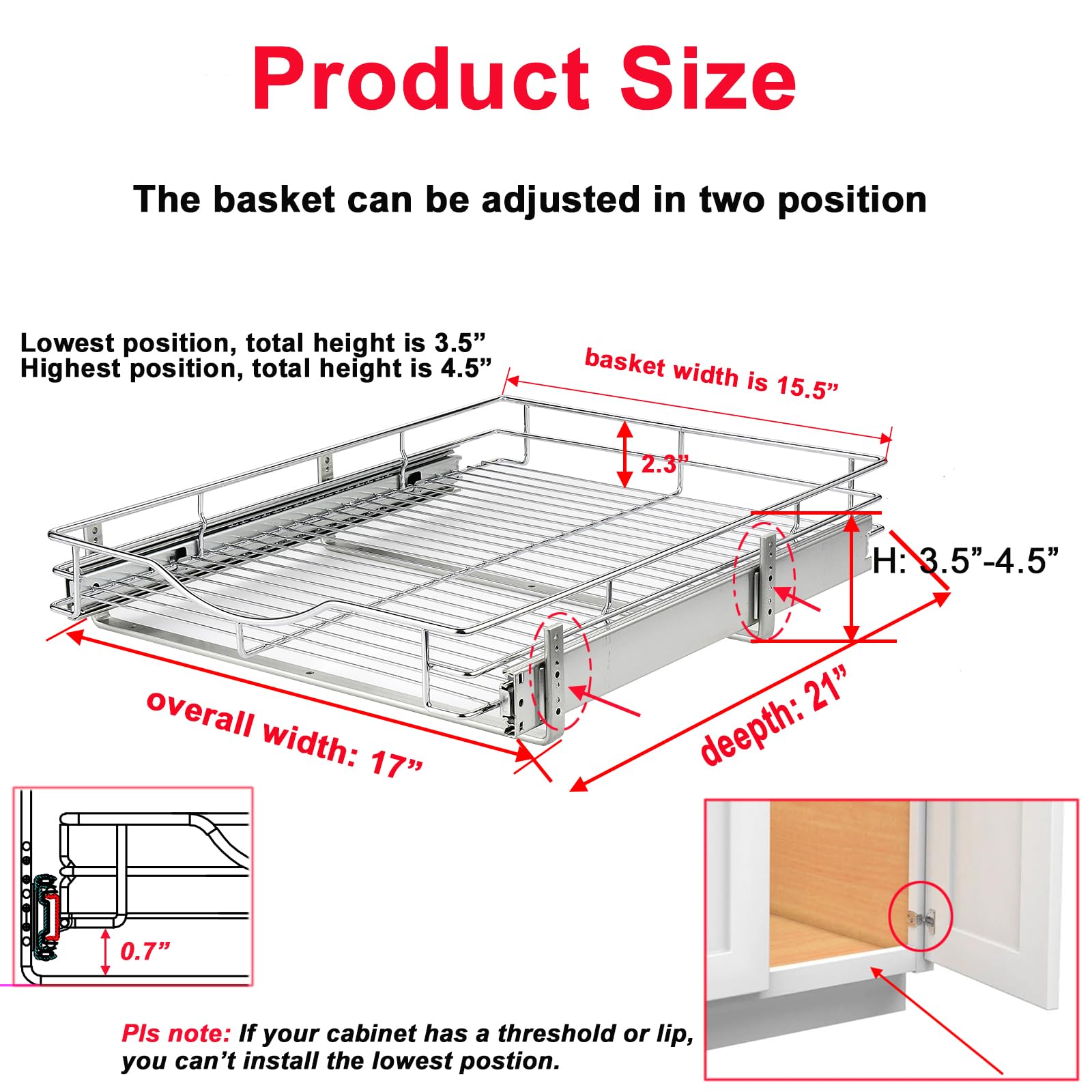 Pull Out Cabinet Organizer, (17" W x 21" D) Heavy-Duty Metal Sliding Drawer Shelf, Bathroom Under Sink Kitchen Cabinets Organizer and Storage Slide Out Shelves, Chrome, 1 Tier, 2 Pack