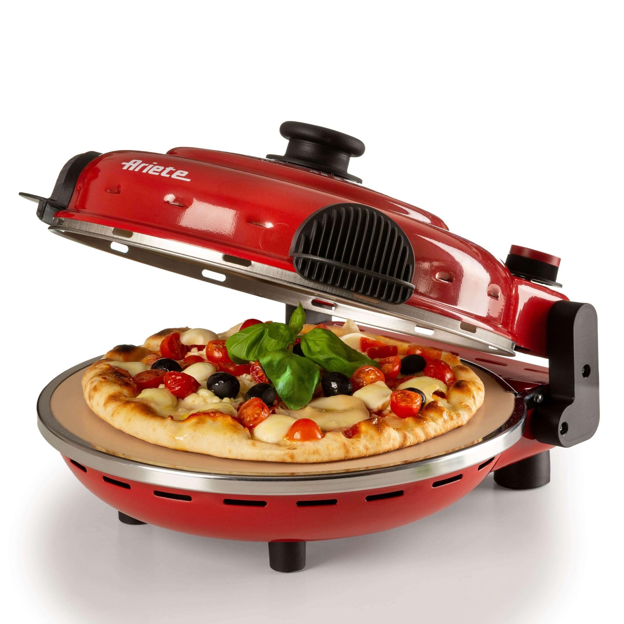 Ariete Pizza Oven 919, Pizza 4 Minutes, 5 Cooking Levels, Non-Stick Refractory Plate for Warming, Wooden Blades Included, Maximum Temperature 400°C, 1200W, Red