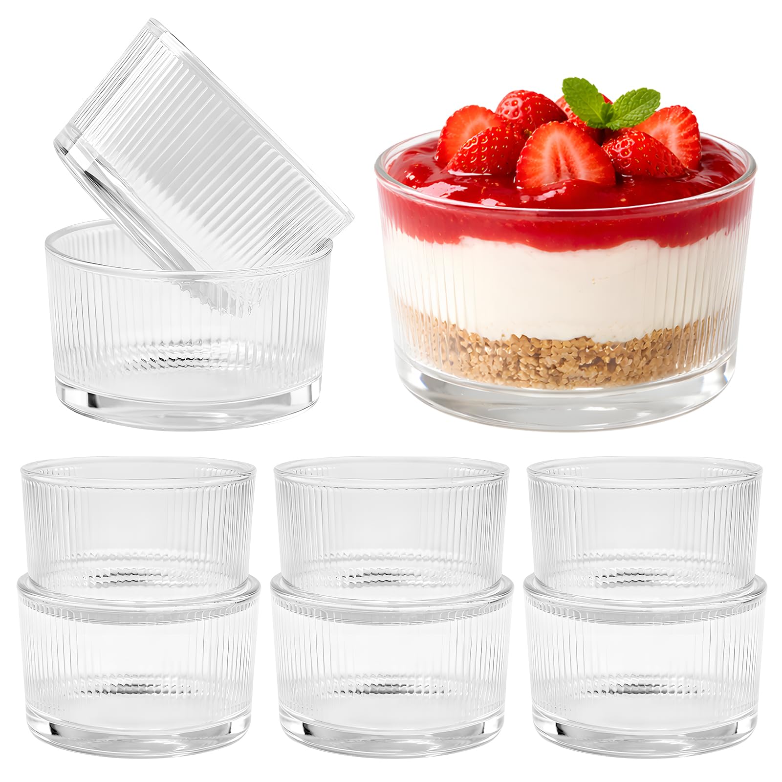 EFLUB Small Glass Dessert Bowls Set for 8, 6.5 oz ice Cream Bowls, Dishwasher Safe Stackable Glass Bowls, Vertical Stripe Design for Ice Cream, Pudding, Salad, Weddings, Birthdays & Daily Use