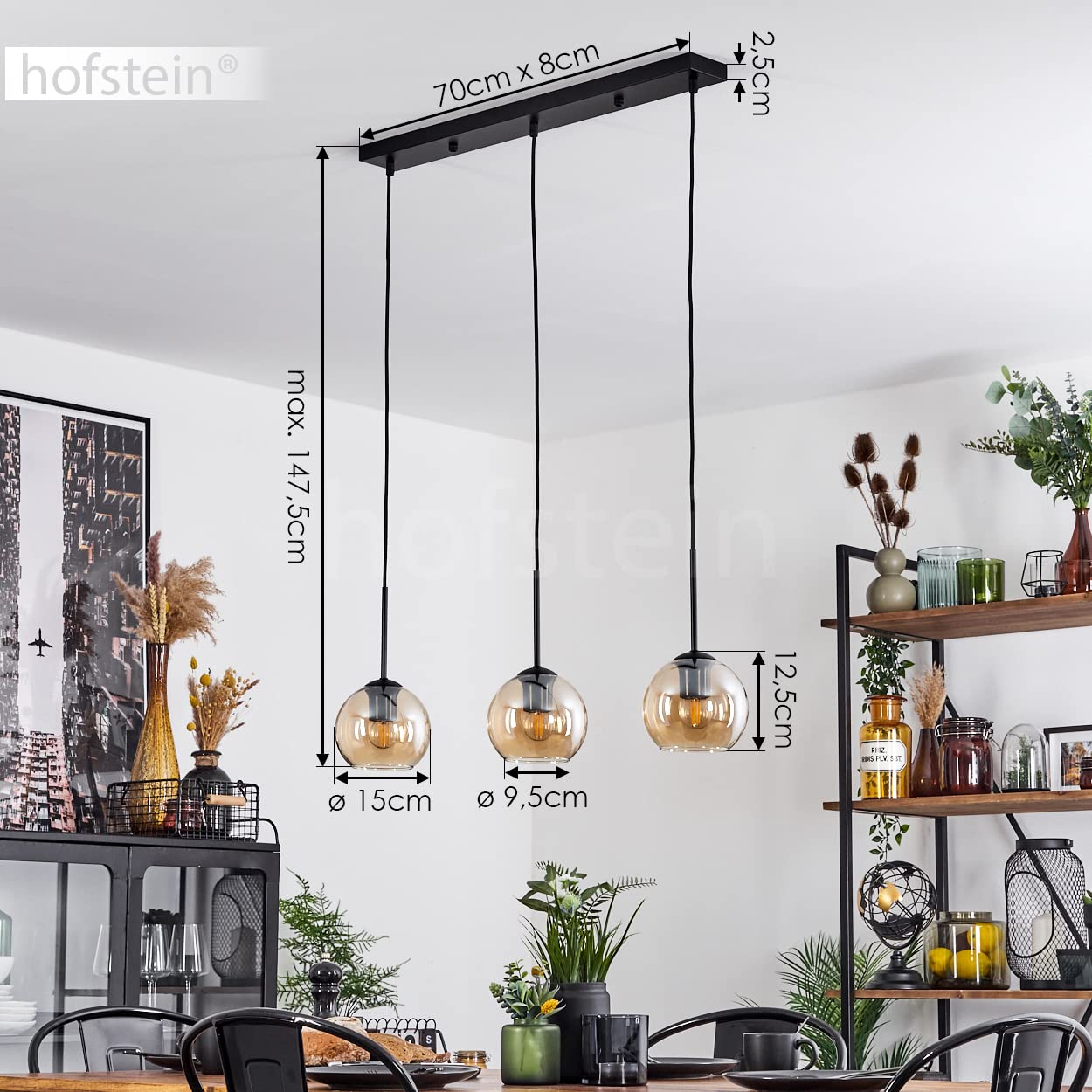 Lámpara colgante Koyoto, lámpara colgante de metal/cristal en negro/ámbar/claro, lámpara de 3 luces en diseño vintage/retro con pantallas de cristal (Ø 15 cm), altura máx. 147,5cm, E27,sin bombilla(s)
