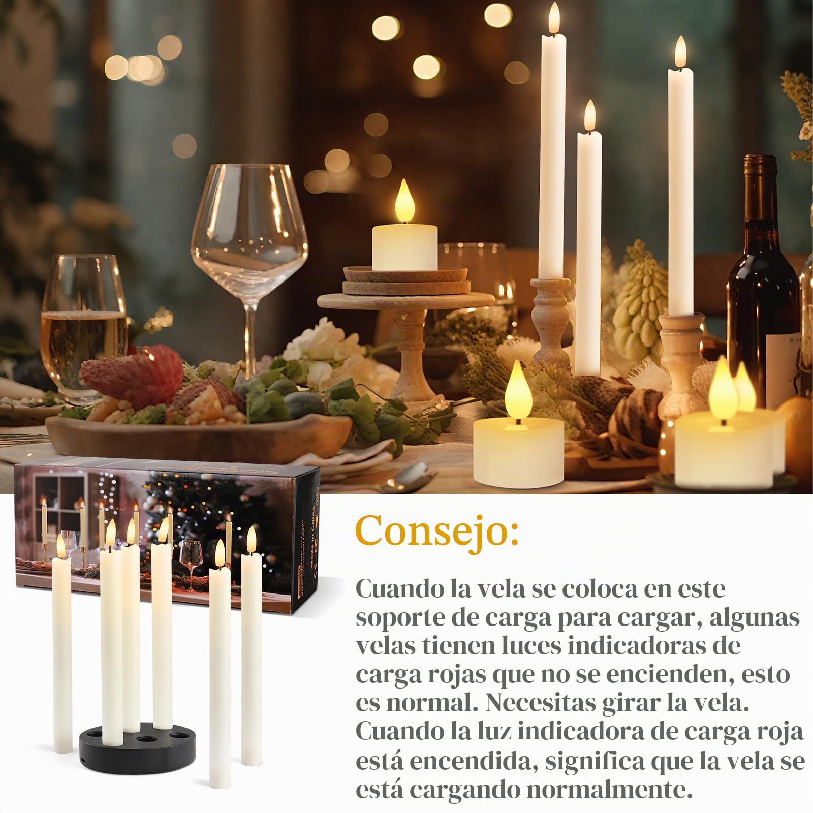 velas cónicas led recargables,6 Piezas sin llama Velas de LED con estación de carga, temporizador y Magia mando a distancia, para Navidad, Halloween, decoración del hogar