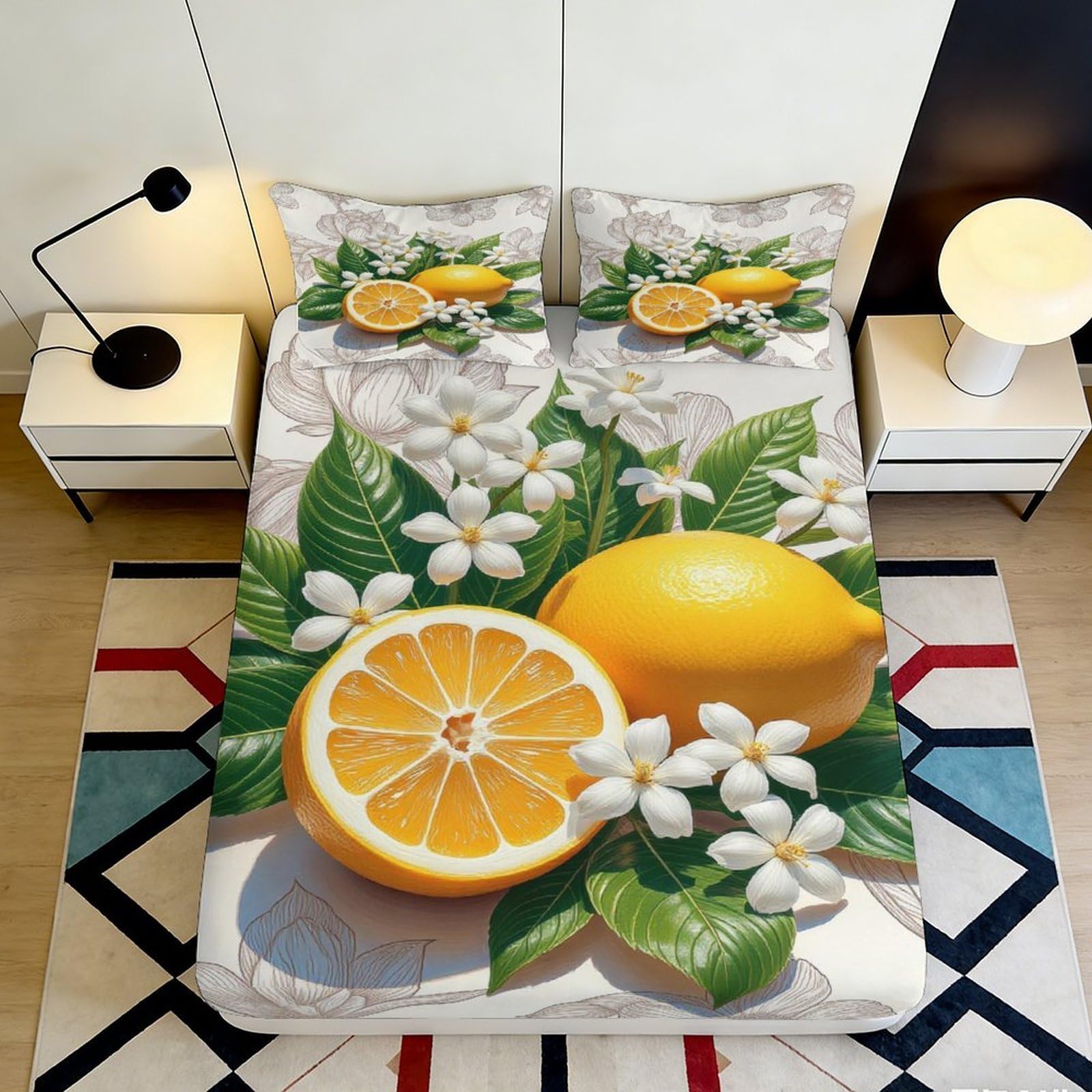3D Printed Lemon Blossom Fitted Sheet Microfiber Soft Yellow Citrus Mattress Cover for Bedroom Guest Room Decor 90x200x25cm