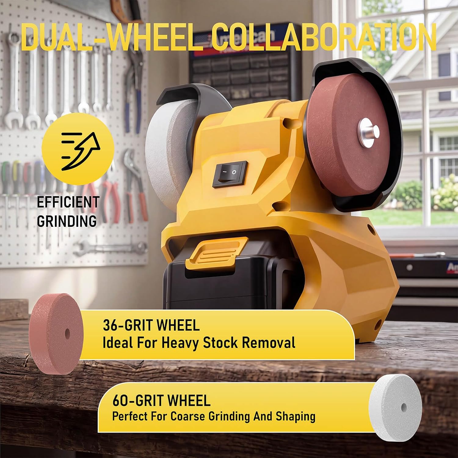 Mini Bench Grinder, Cordless Grinder Compatible with Dewalt 20V Battery (No Battery), Dual 3'' Grinding Wheels with Safety Guard & Non-slip Base for Sharpening Knives, Drills and Steel Rust Removal