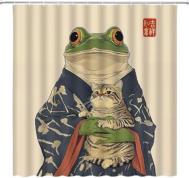 Funny Frog Cat Shower Curtain, Retro Japanese Style, 70 x 70 | Vintage Asian Wildlife, Abstract Art, Fabric Bathroom Decor Curtains with Hooks