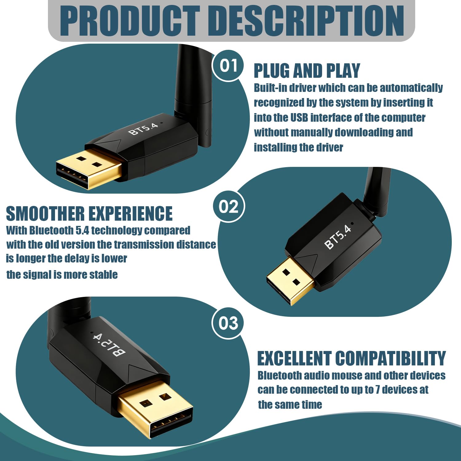 Clé USB Bluetooth 5.4 pour PC, Portée 150 Mètres, Compatible Windows 11/10/8.1, 7 Appareils